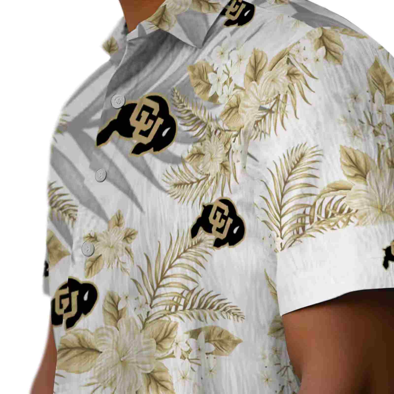 colorado buffaloes hibiscus palm leaves gold white hawaiian shirt trendy