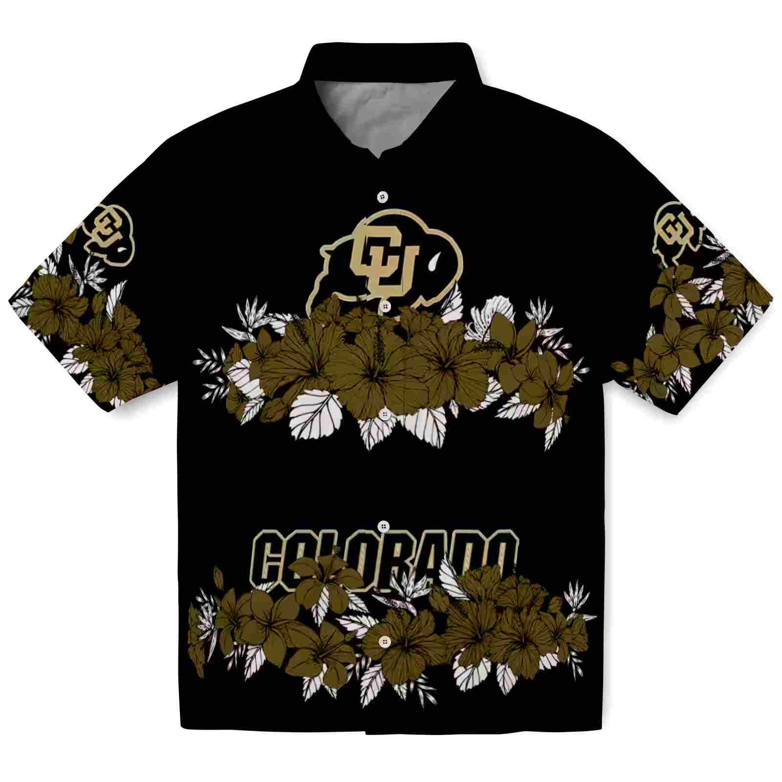 Colorado Buffaloes Hibiscus Stripe Gold Black Hawaiian Shirt