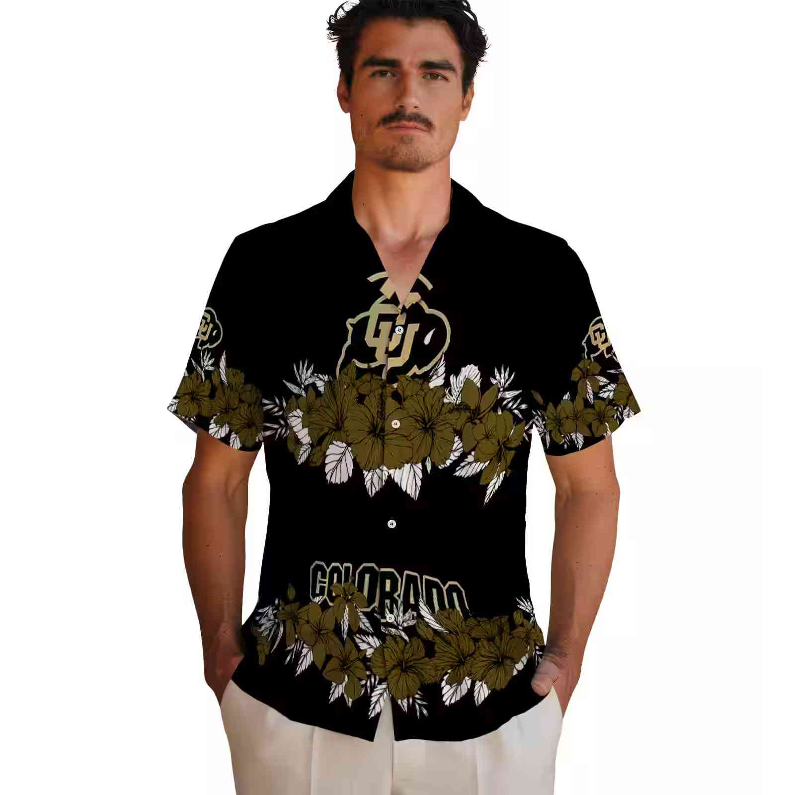 colorado buffaloes hibiscus stripe gold black hawaiian shirt fashion forward