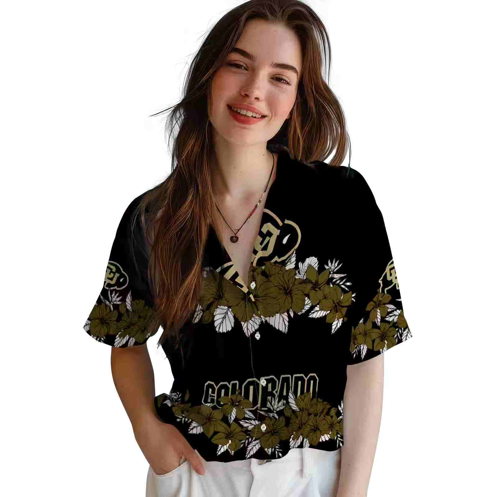 colorado buffaloes hibiscus stripe gold black hawaiian shirt latest model