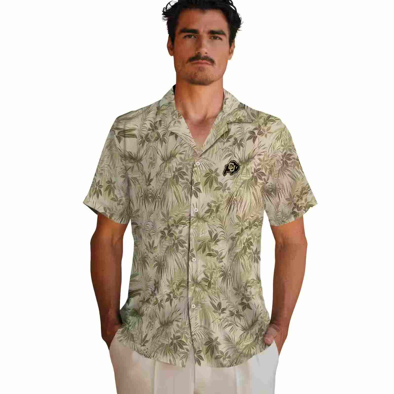 colorado buffaloes leafy pattern gold hawaiian shirt fashion forward