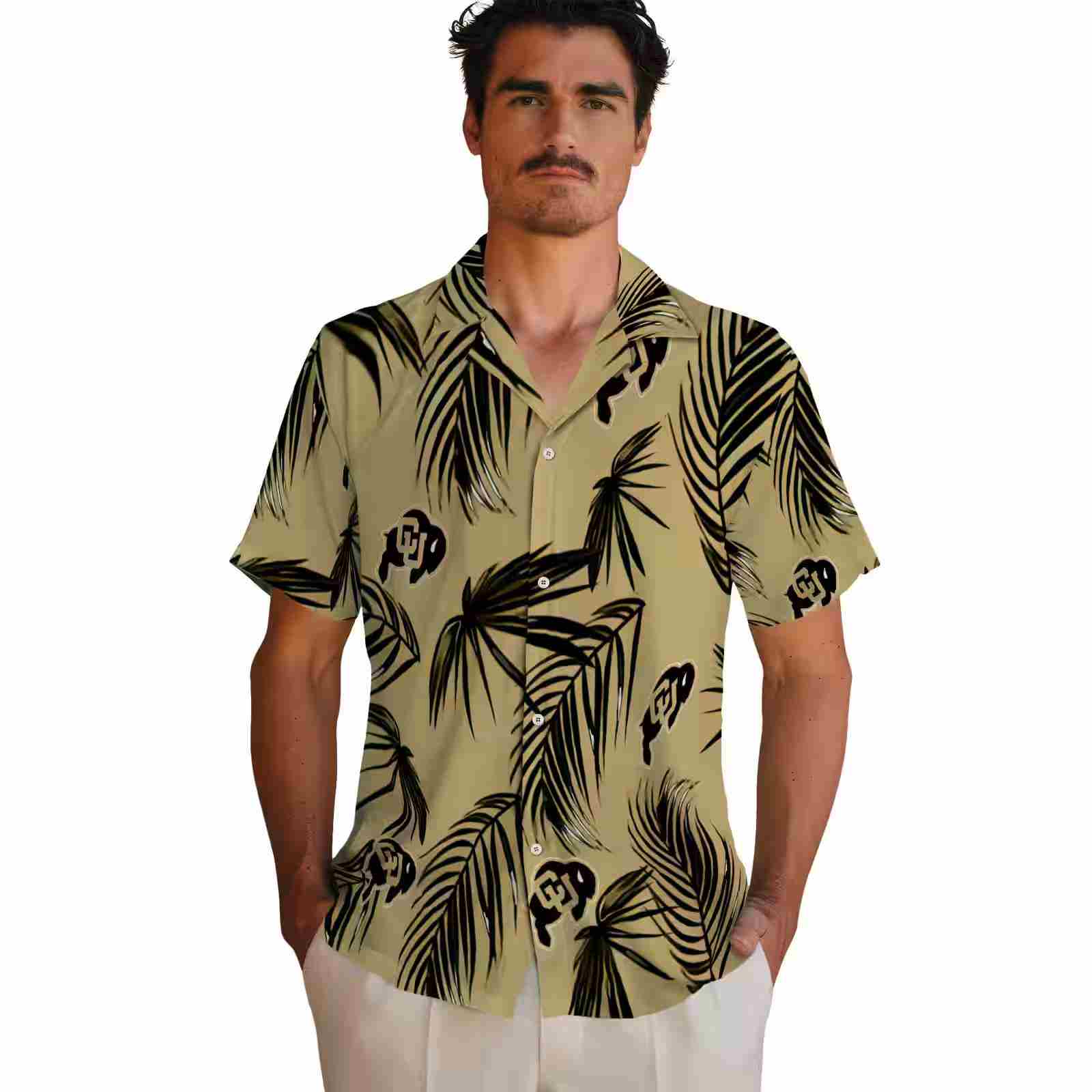 colorado buffaloes palm leaf gold hawaiian shirt fashion forward