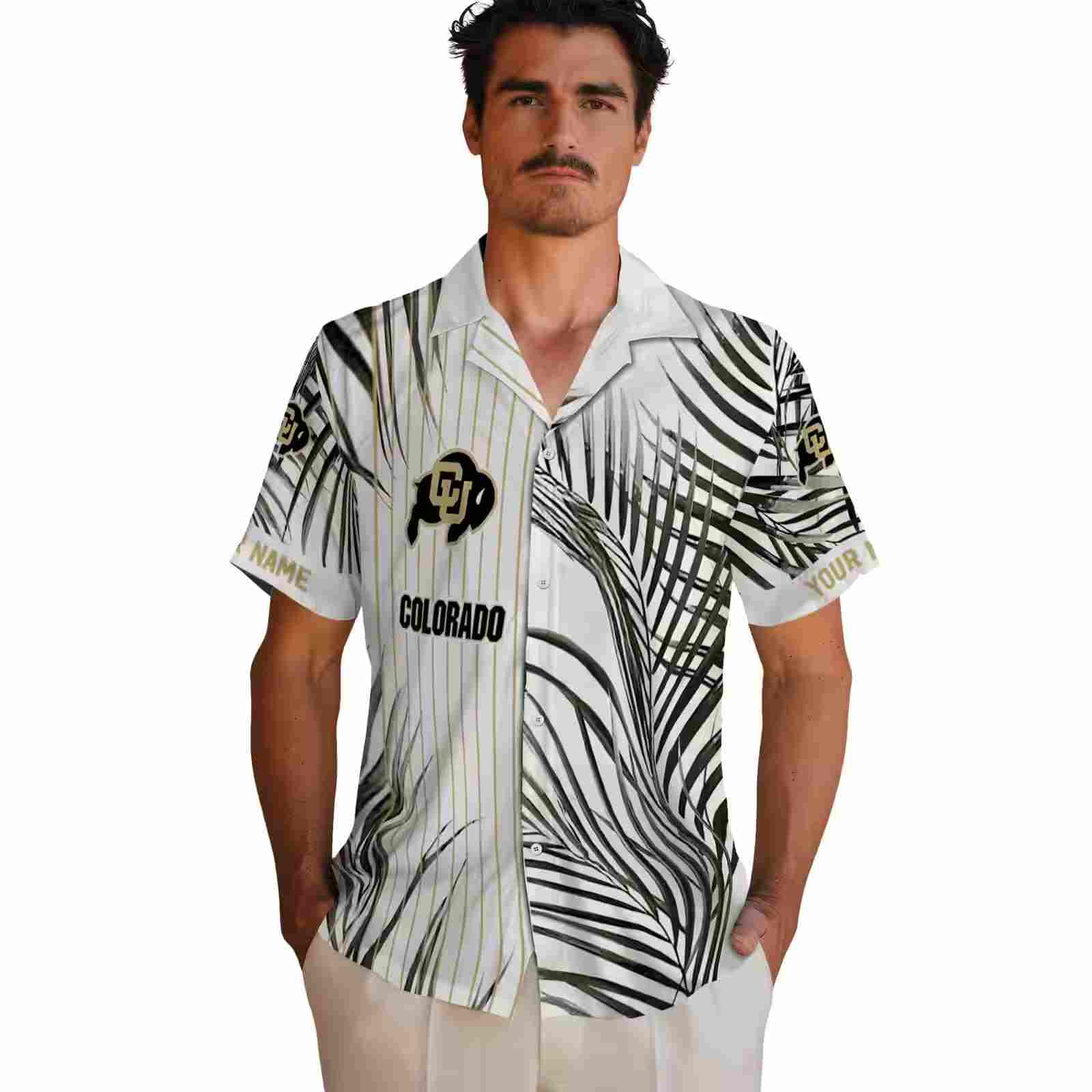 colorado buffaloes palm stripes gold black white hawaiian shirt fashion forward