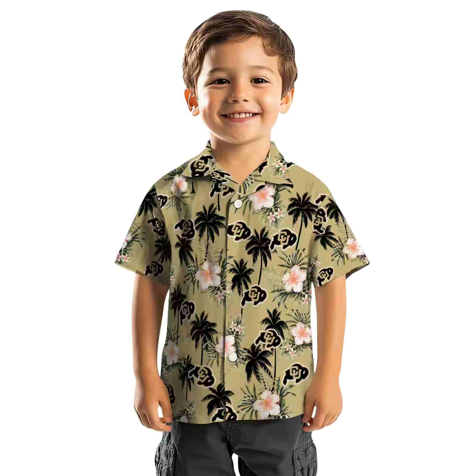 colorado buffaloes palm tree flower gold hawaiian shirt top rated