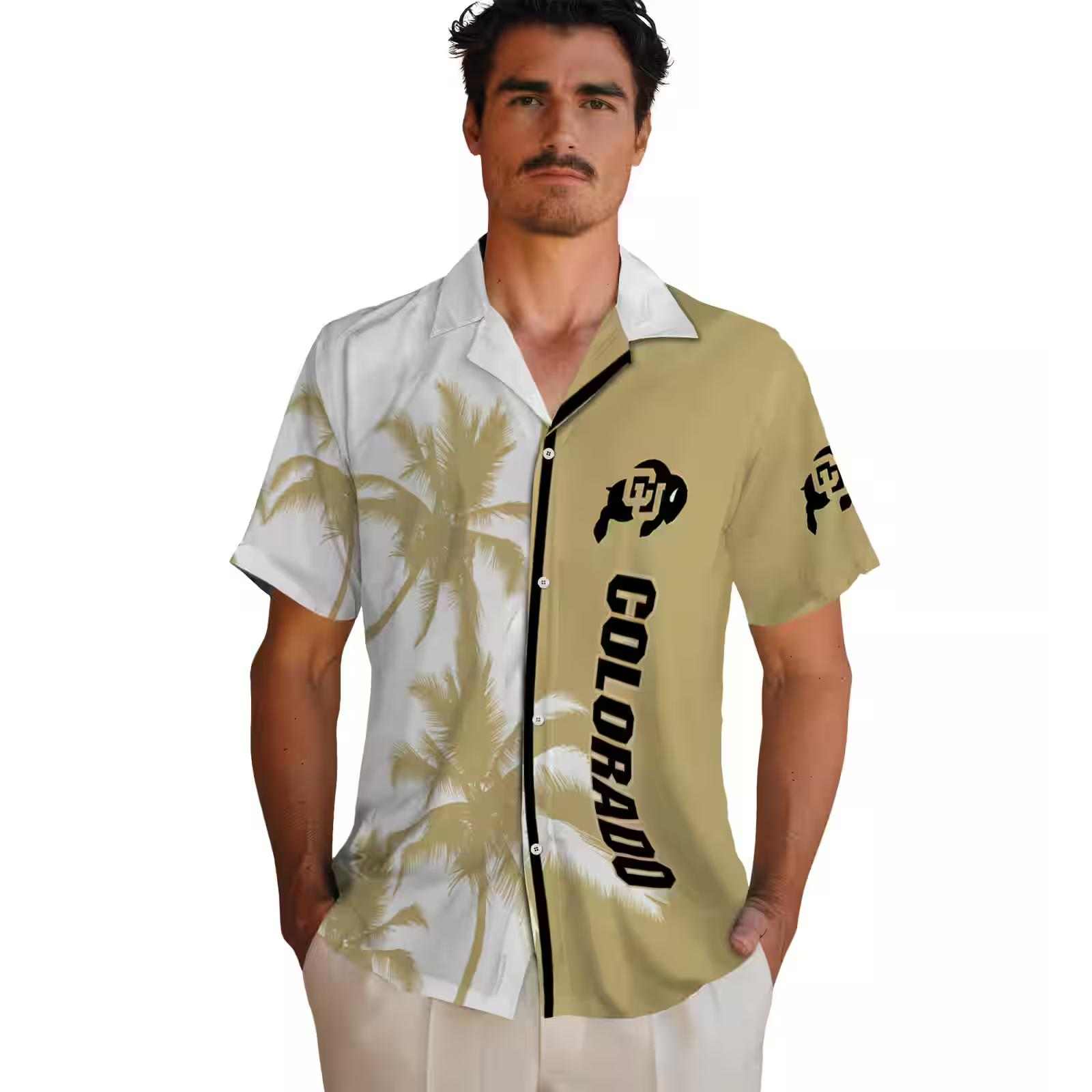 colorado buffaloes palm trees gold white hawaiian shirt fashion forward