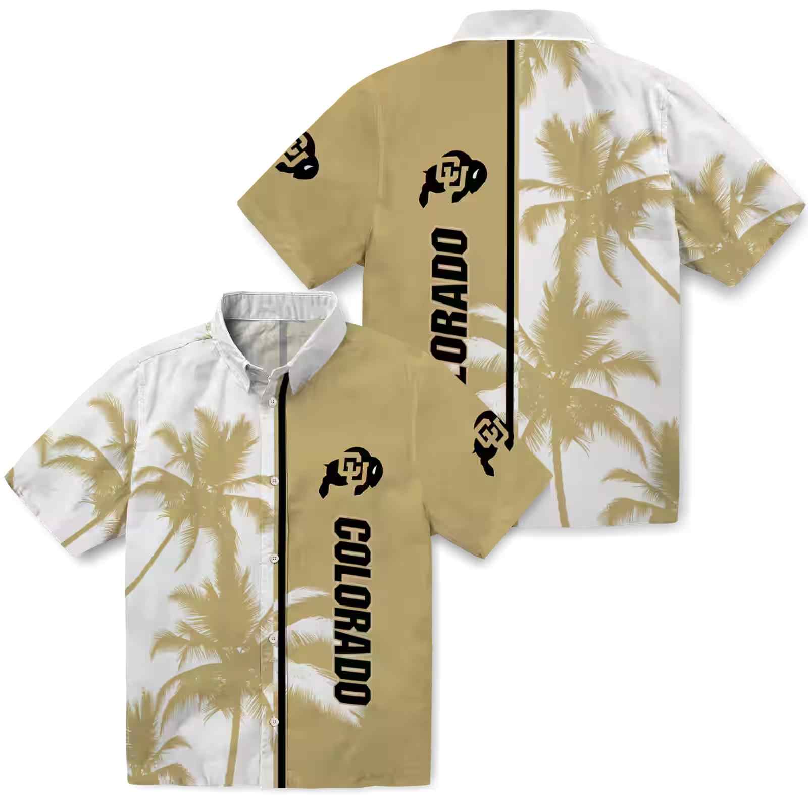 colorado buffaloes palm trees gold white hawaiian shirt high quality