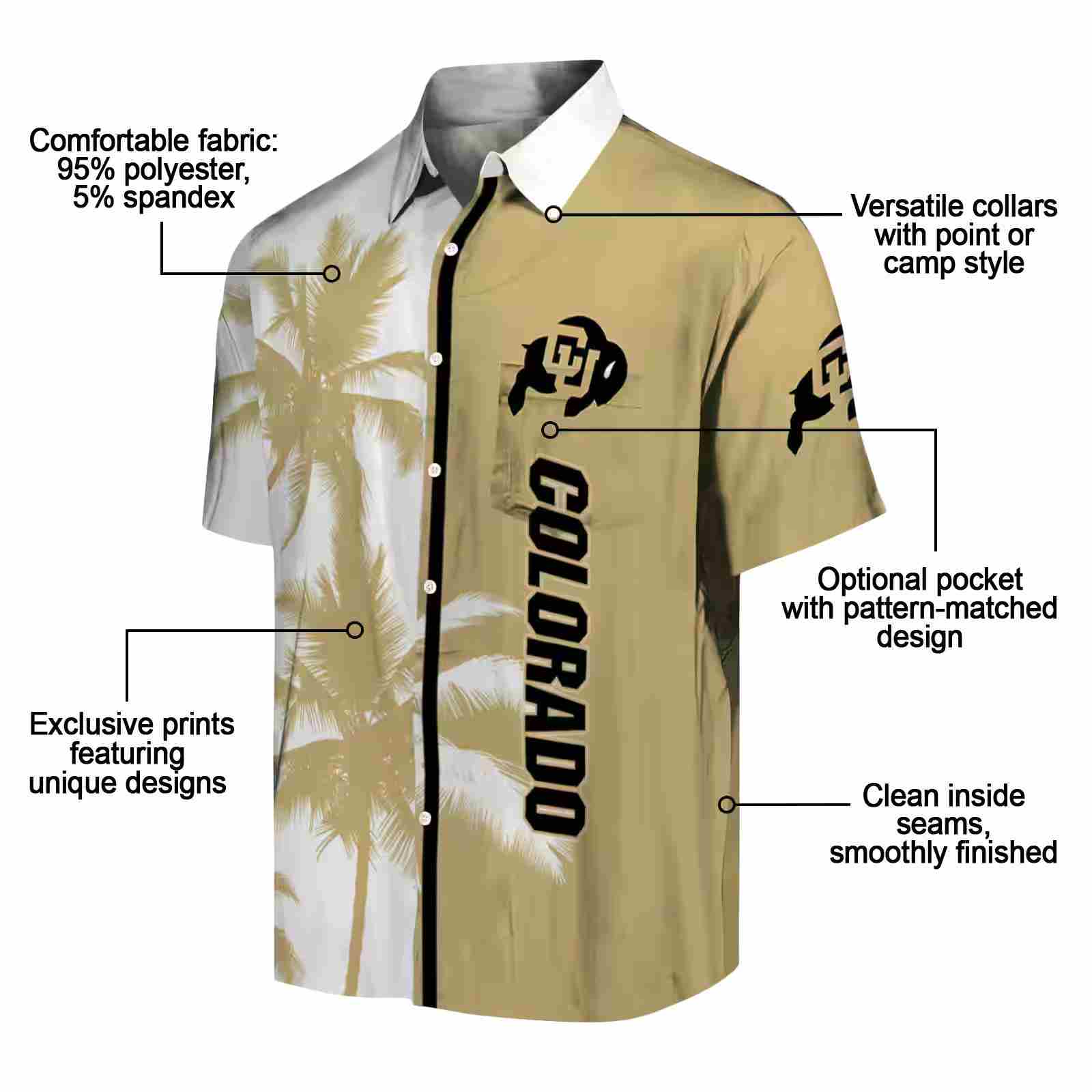 colorado buffaloes palm trees gold white hawaiian shirt new arrival