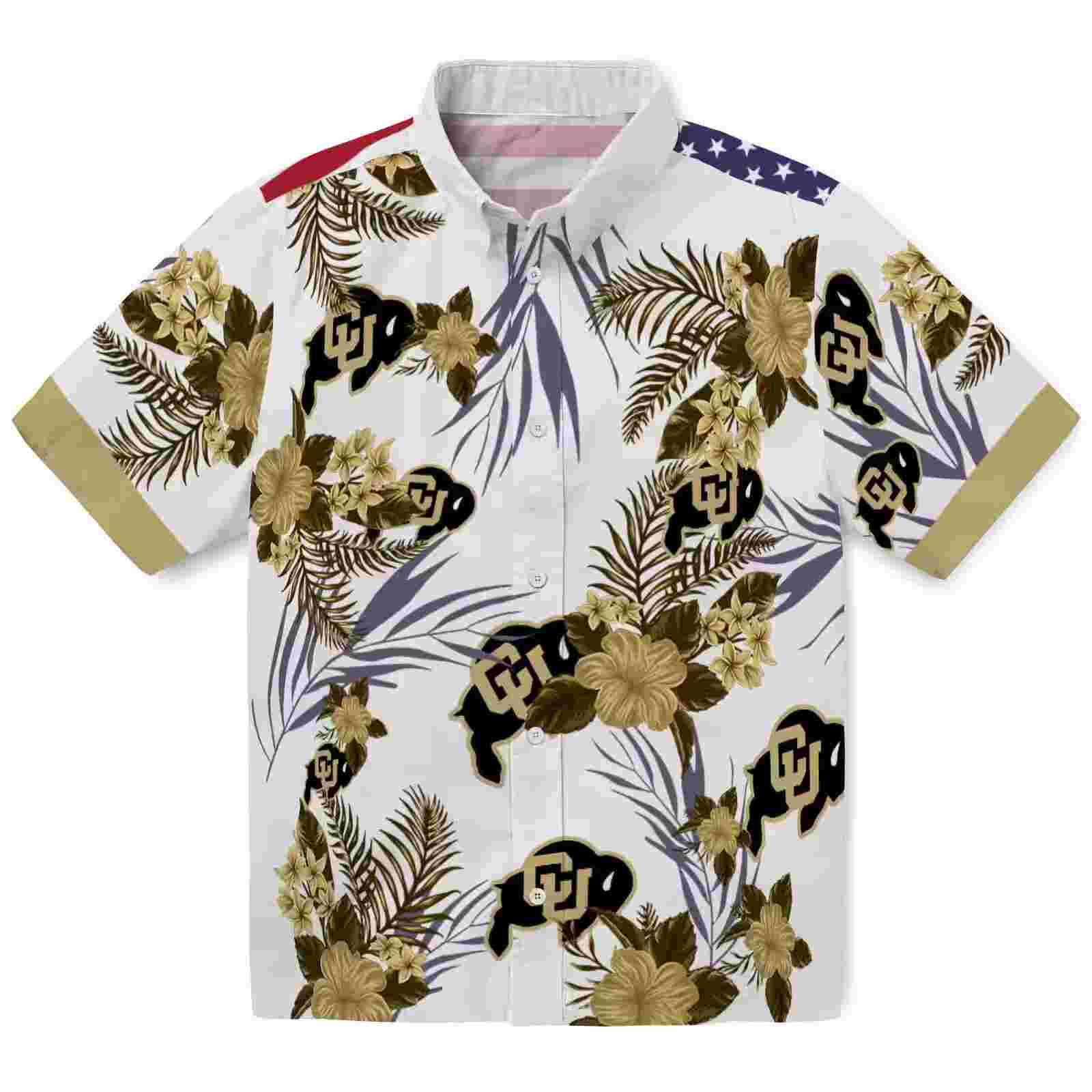 Colorado Buffaloes Patriotic Hibiscus Design Gold White Hawaiian Shirt