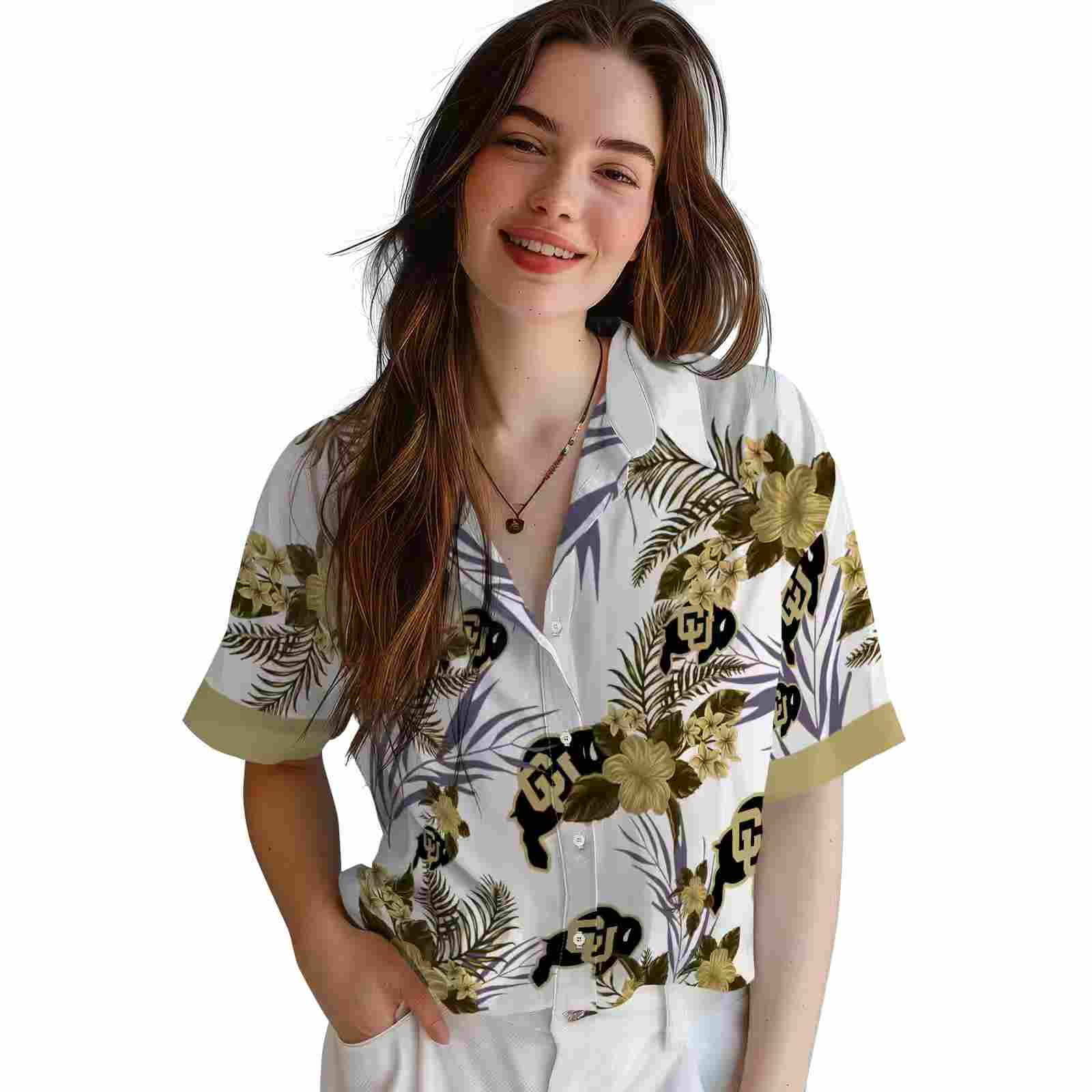 colorado buffaloes patriotic hibiscus design gold white hawaiian shirt latest model