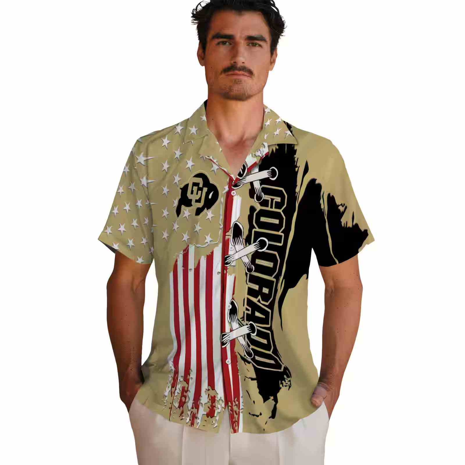 colorado buffaloes stitched flag gold hawaiian shirt fashion forward