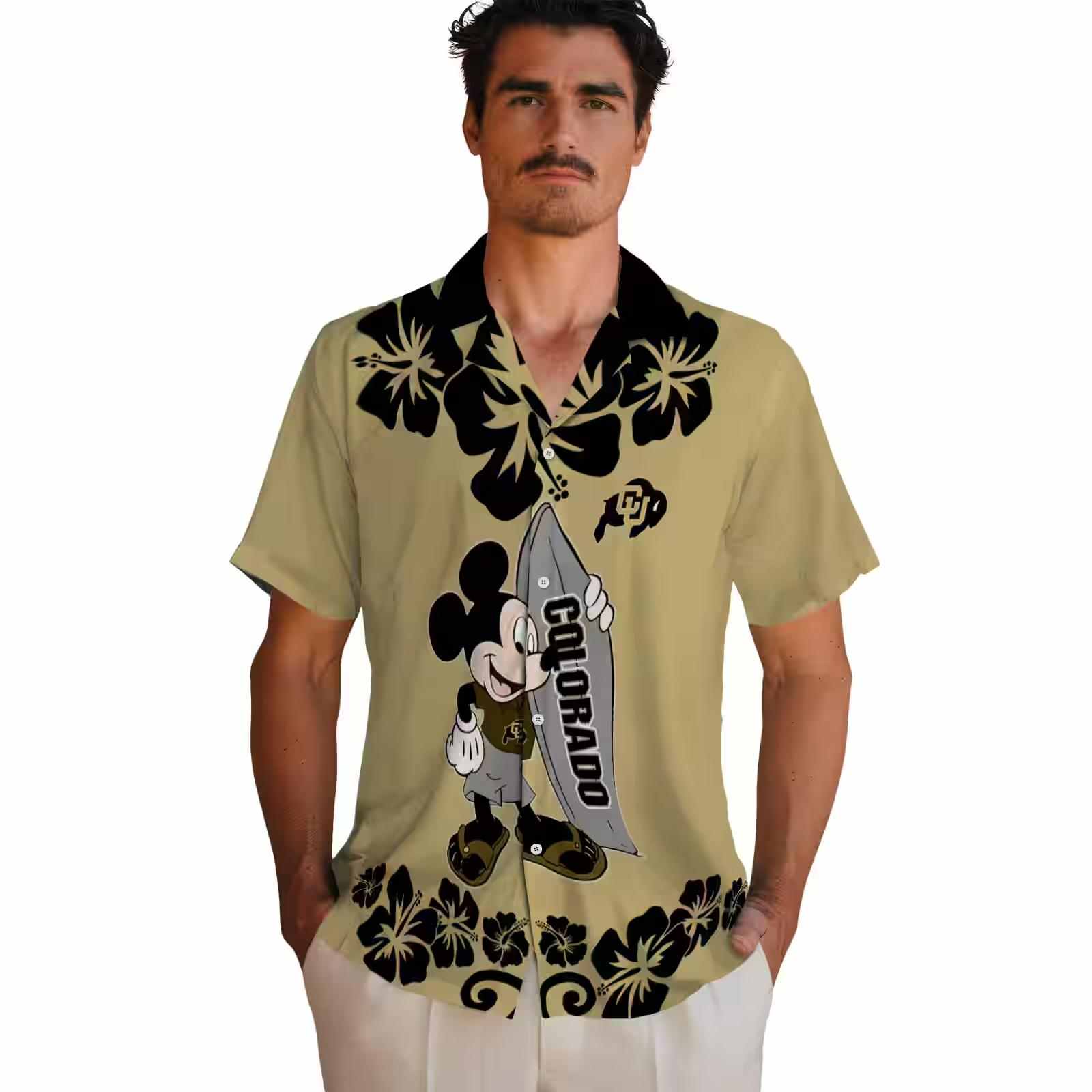 colorado buffaloes surfing mickey gold hawaiian shirt fashion forward