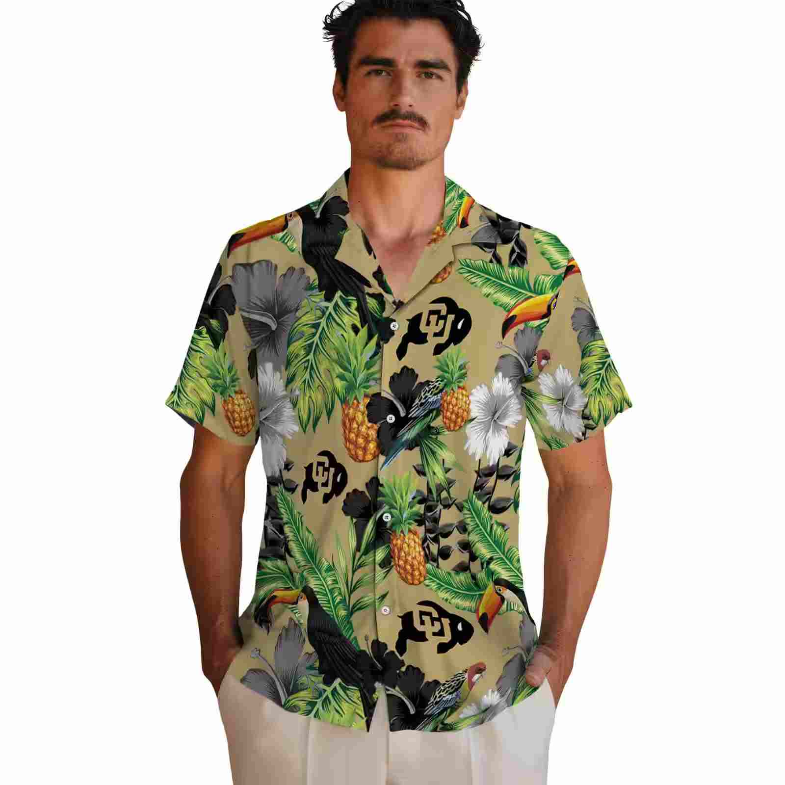 colorado buffaloes toucan hibiscus pineapple gold green hawaiian shirt fashion forward