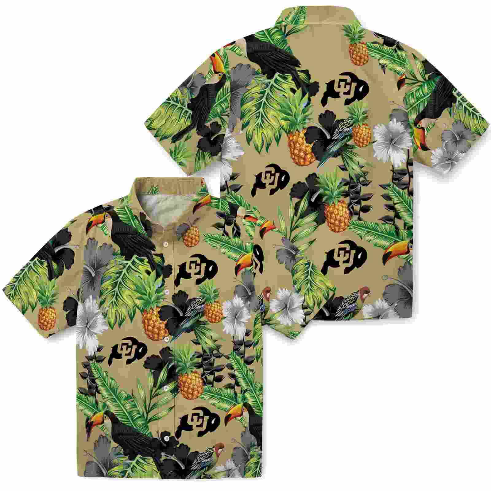 colorado buffaloes toucan hibiscus pineapple gold green hawaiian shirt high quality