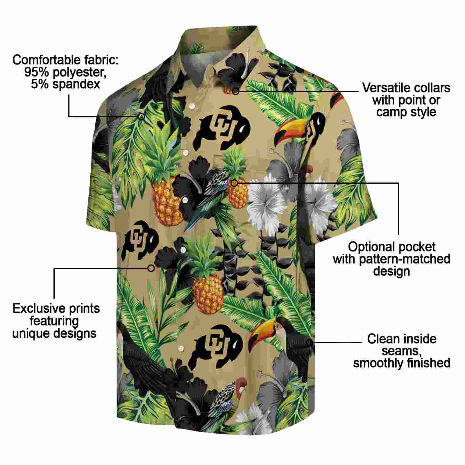 colorado buffaloes toucan hibiscus pineapple gold green hawaiian shirt new arrival