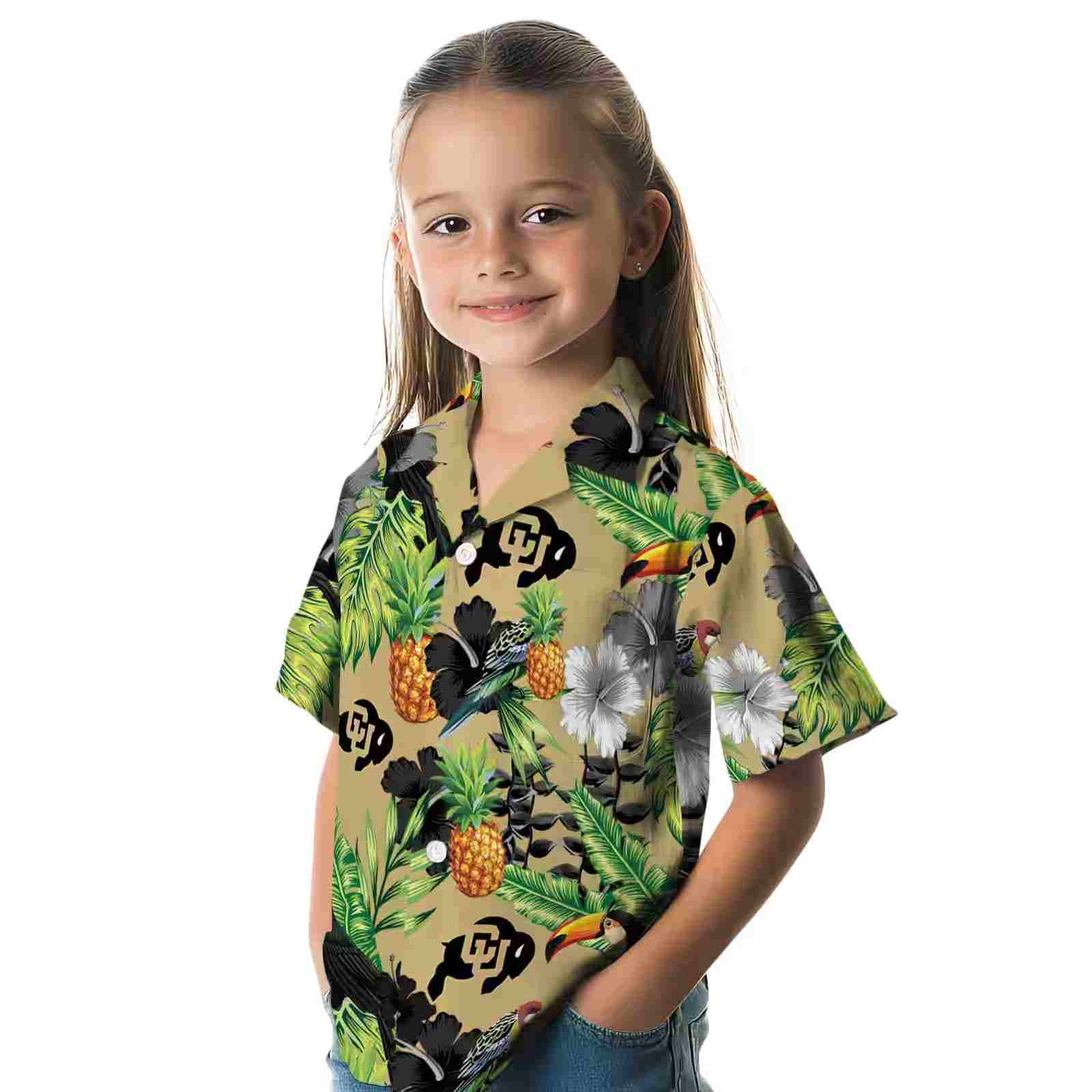 colorado buffaloes toucan hibiscus pineapple gold green hawaiian shirt premium grade