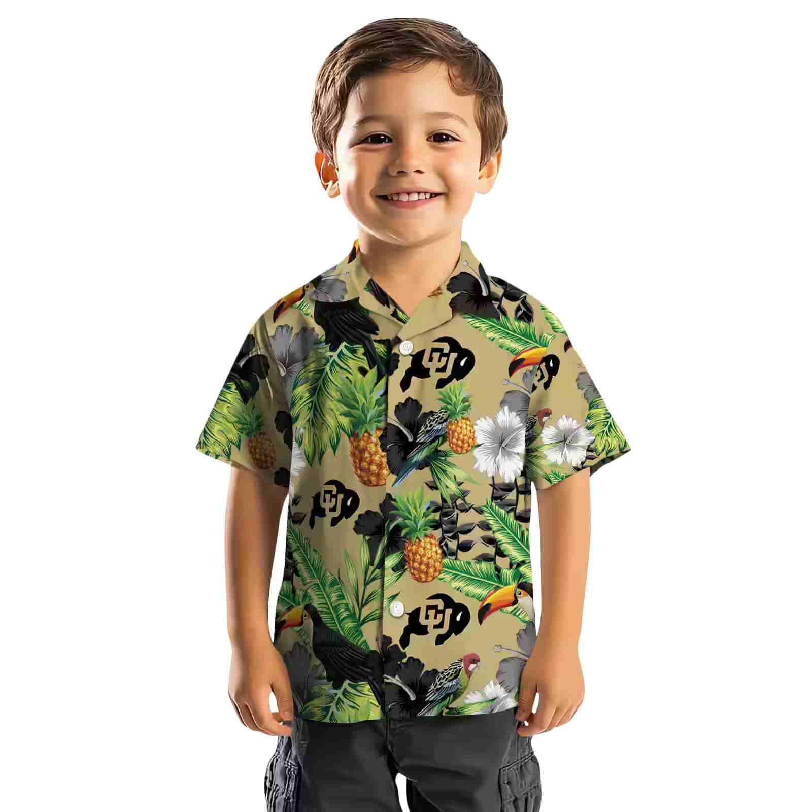 colorado buffaloes toucan hibiscus pineapple gold green hawaiian shirt top rated