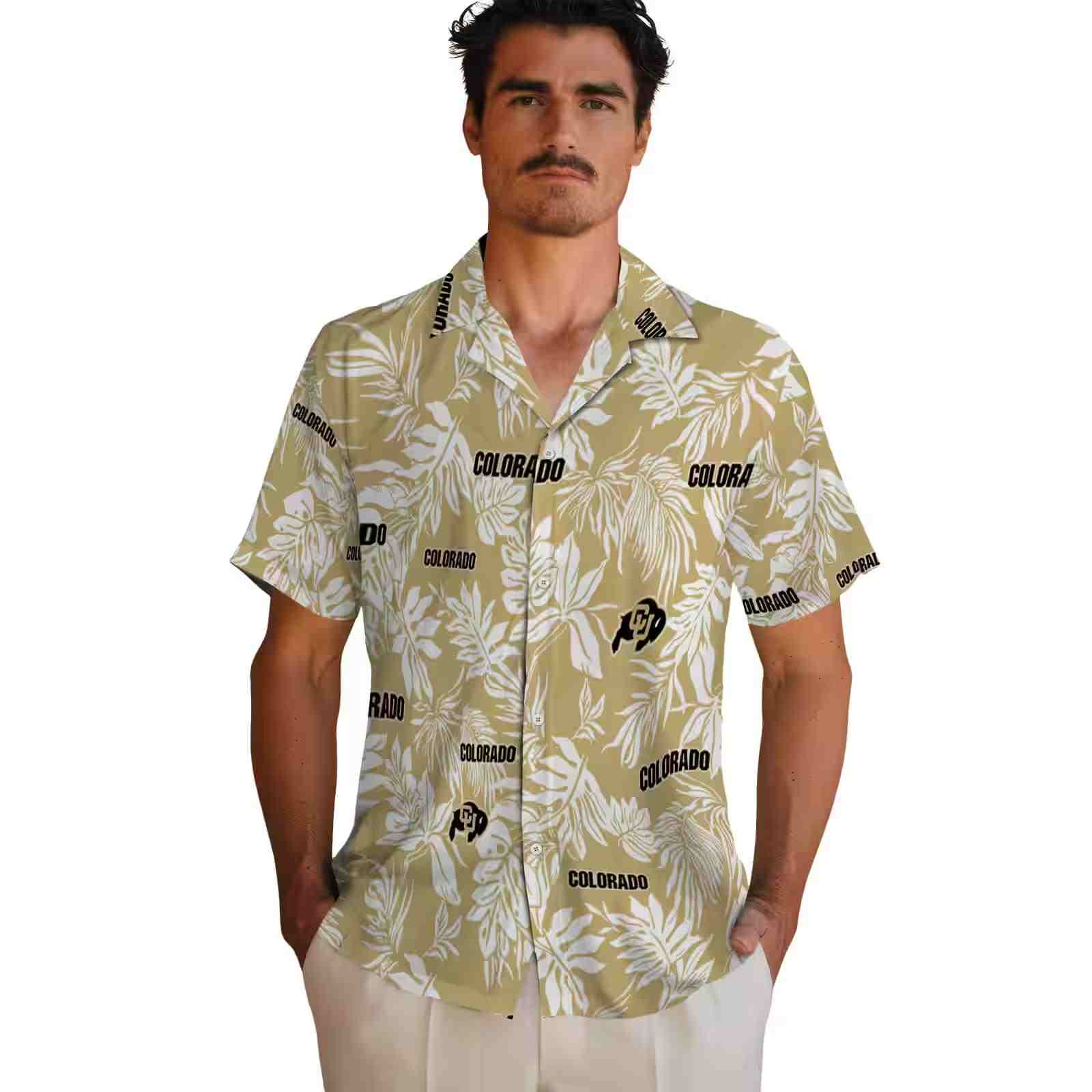 colorado buffaloes tropical leaf gold white hawaiian shirt fashion forward