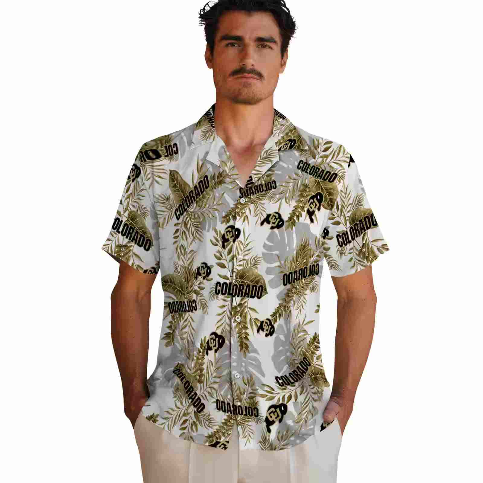 colorado buffaloes tropical leaves gold white hawaiian shirt fashion forward