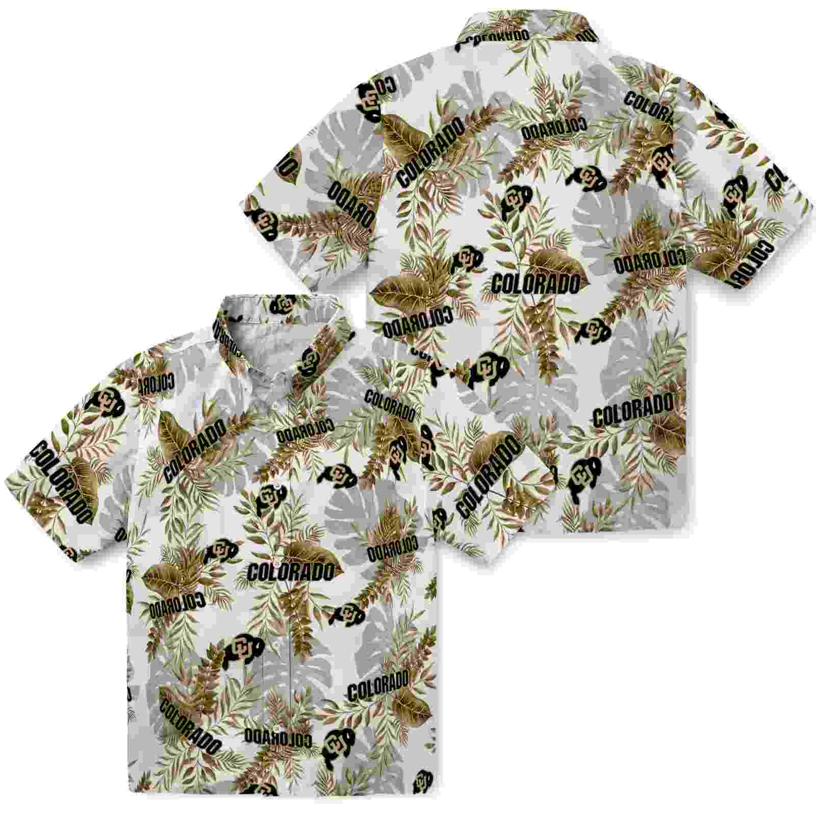 colorado buffaloes tropical leaves gold white hawaiian shirt high quality