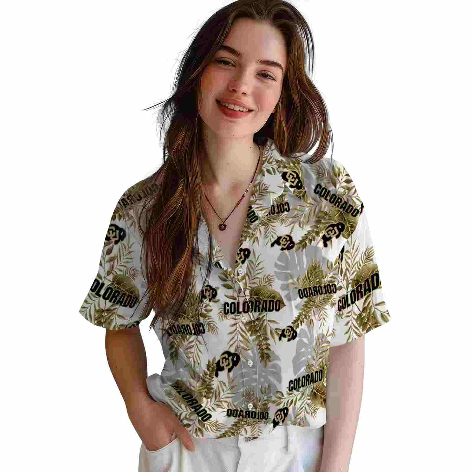 colorado buffaloes tropical leaves gold white hawaiian shirt latest model