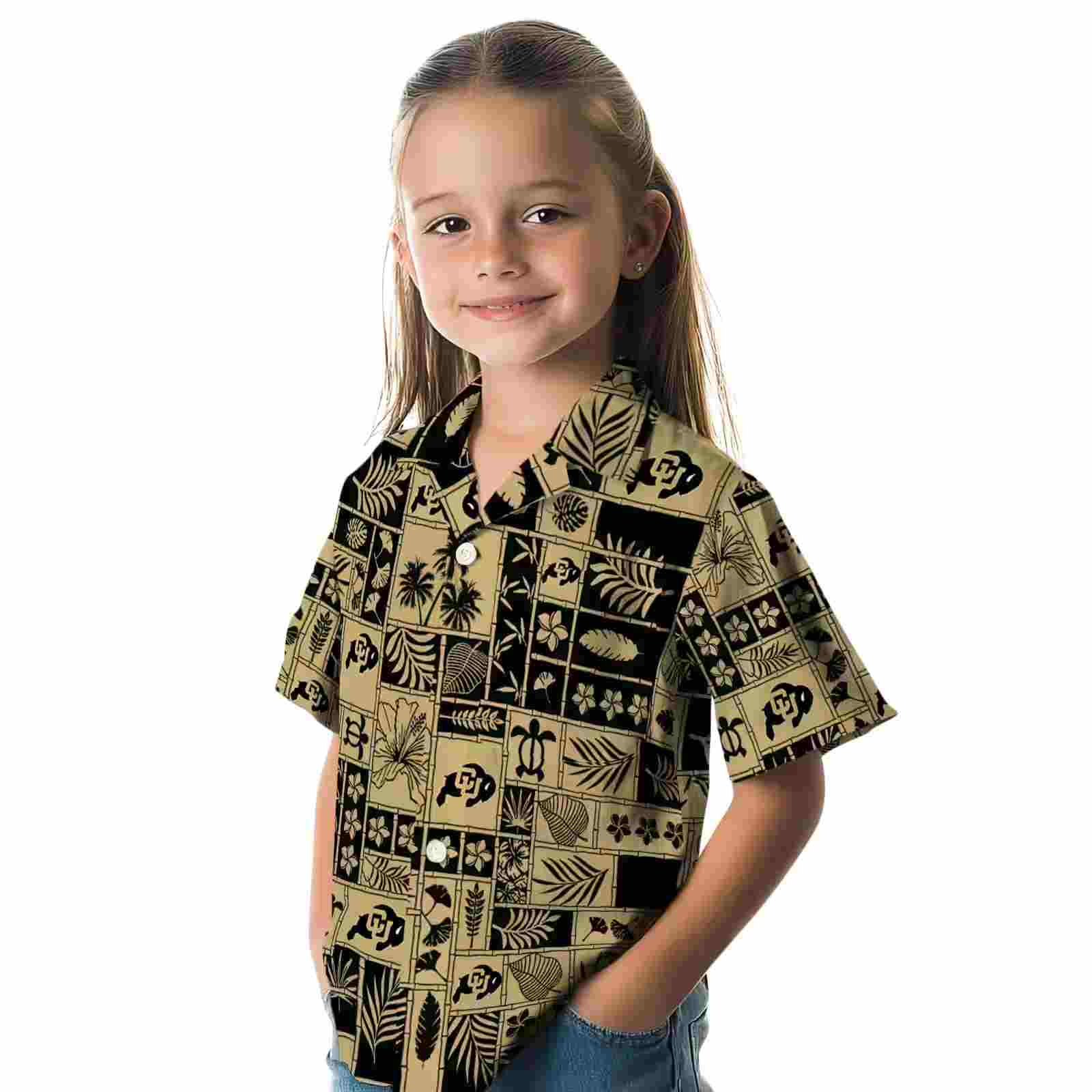 colorado buffaloes tropical patchwork gold black hawaiian shirt premium grade