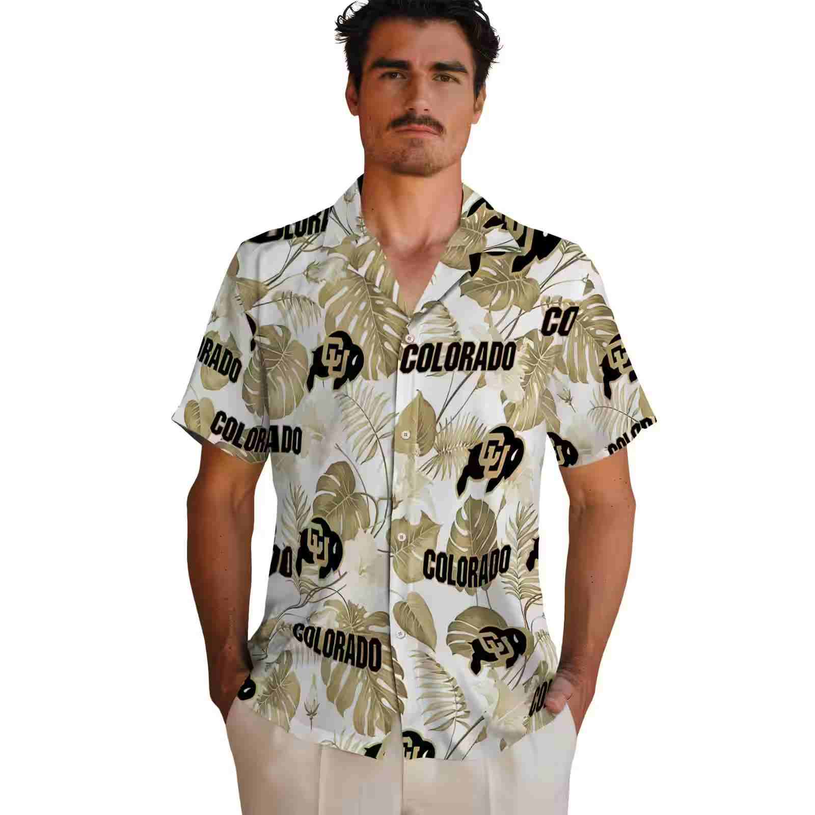 colorado buffaloes tropical plants gold white hawaiian shirt fashion forward