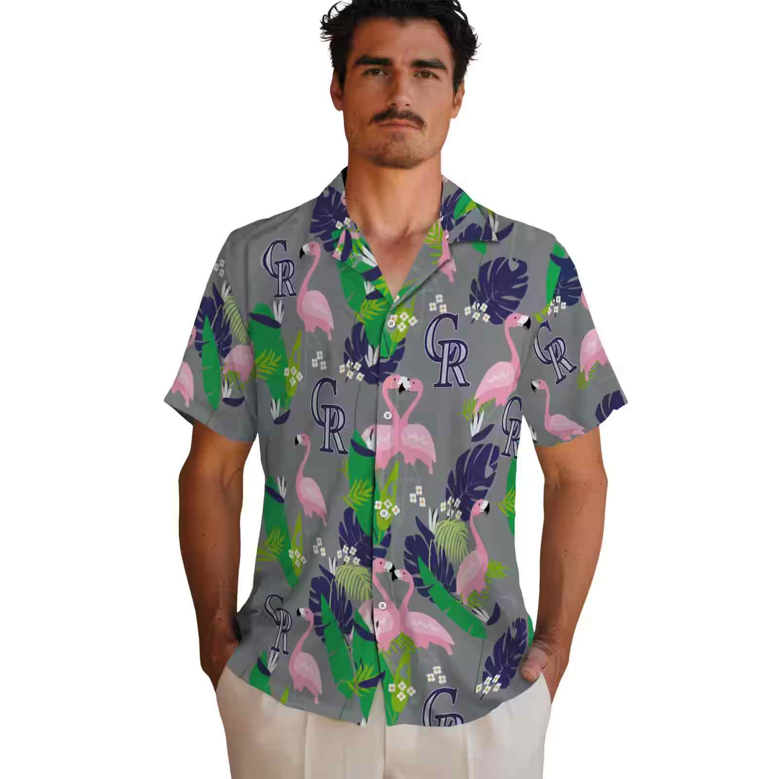 colorado rockies flamingo foliage blue green hawaiian shirt fashion forward