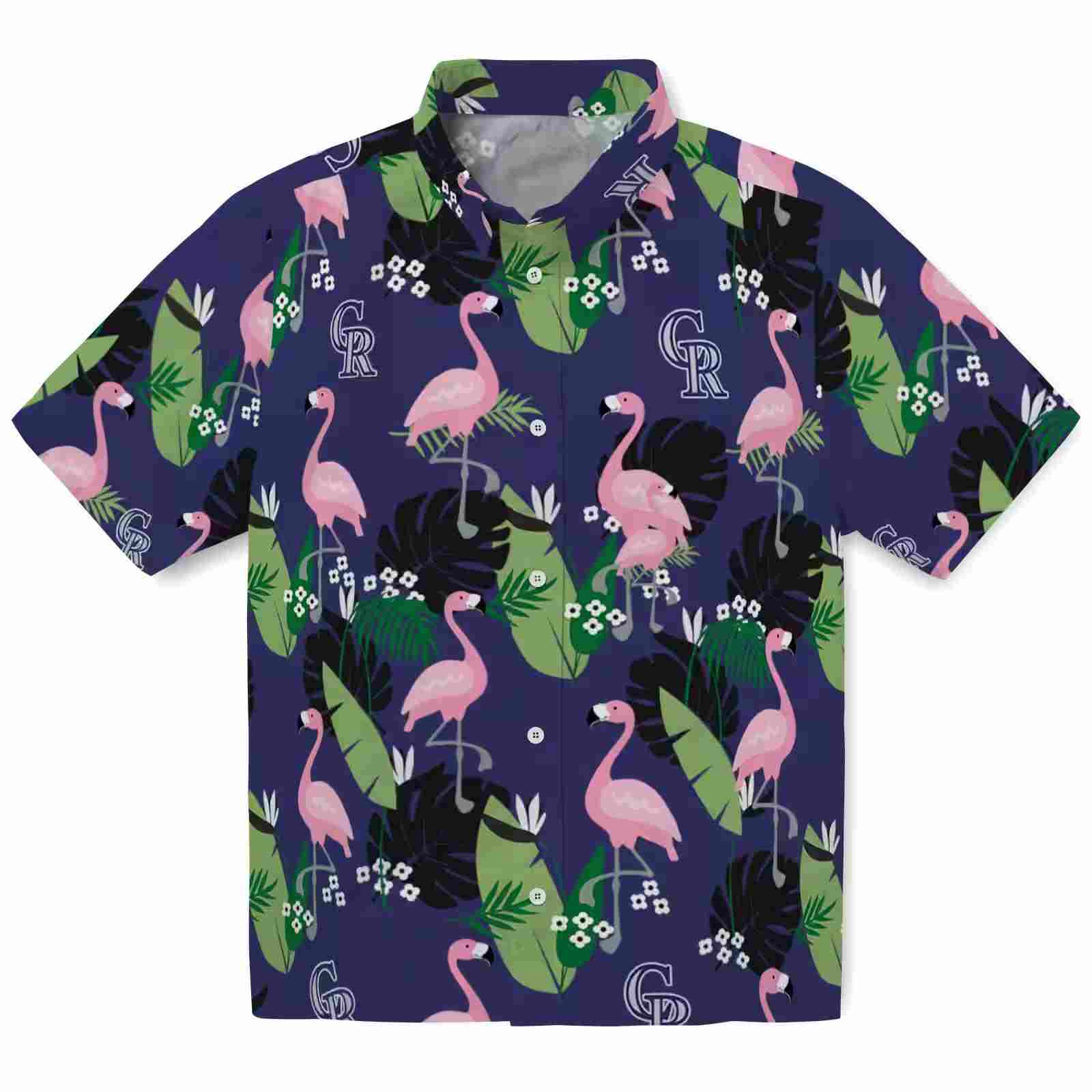 Colorado Rockies Flamingo Leaf Motif Blue Hawaiian Shirt