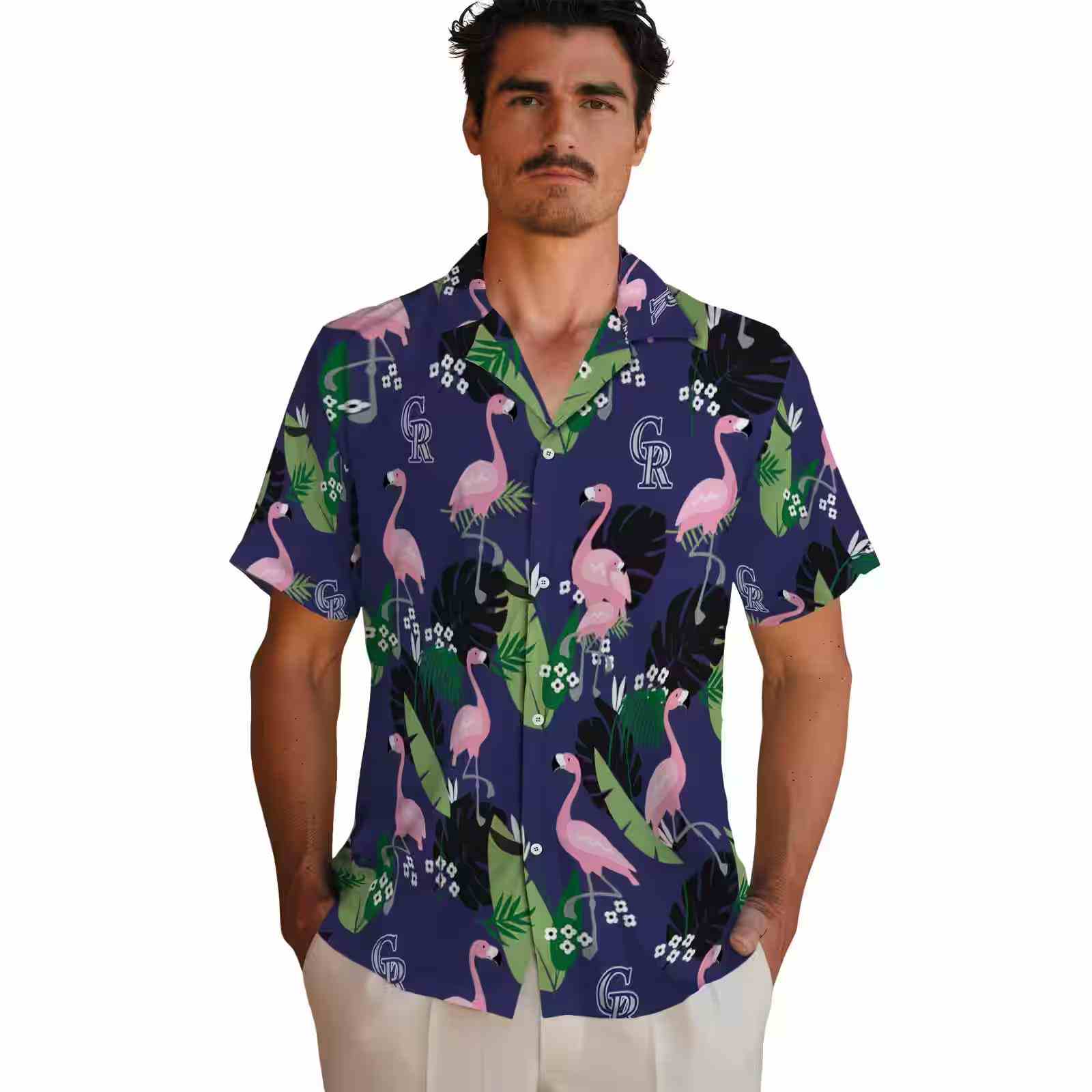 colorado rockies flamingo leaf motif blue hawaiian shirt fashion forward