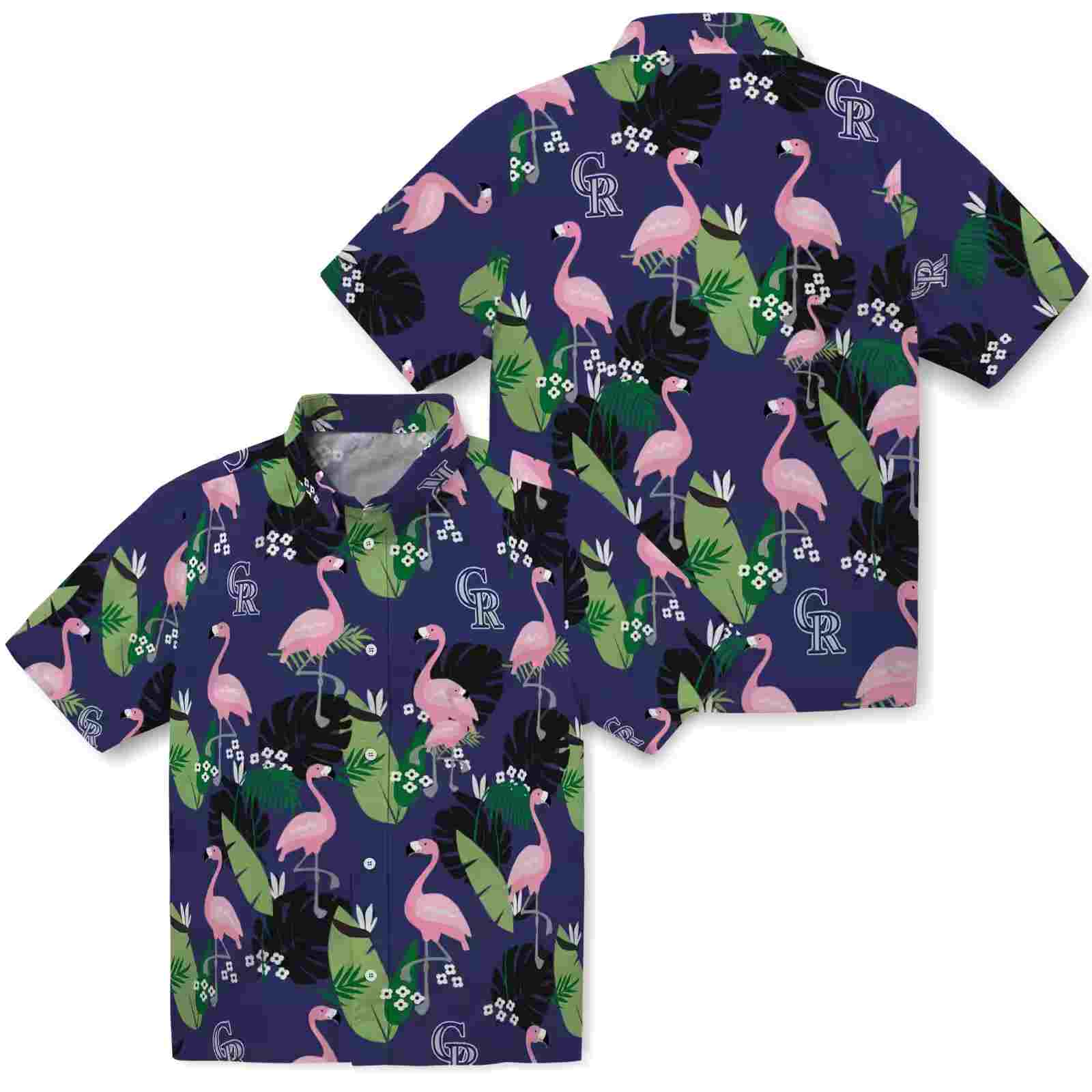 colorado rockies flamingo leaf motif blue hawaiian shirt high quality