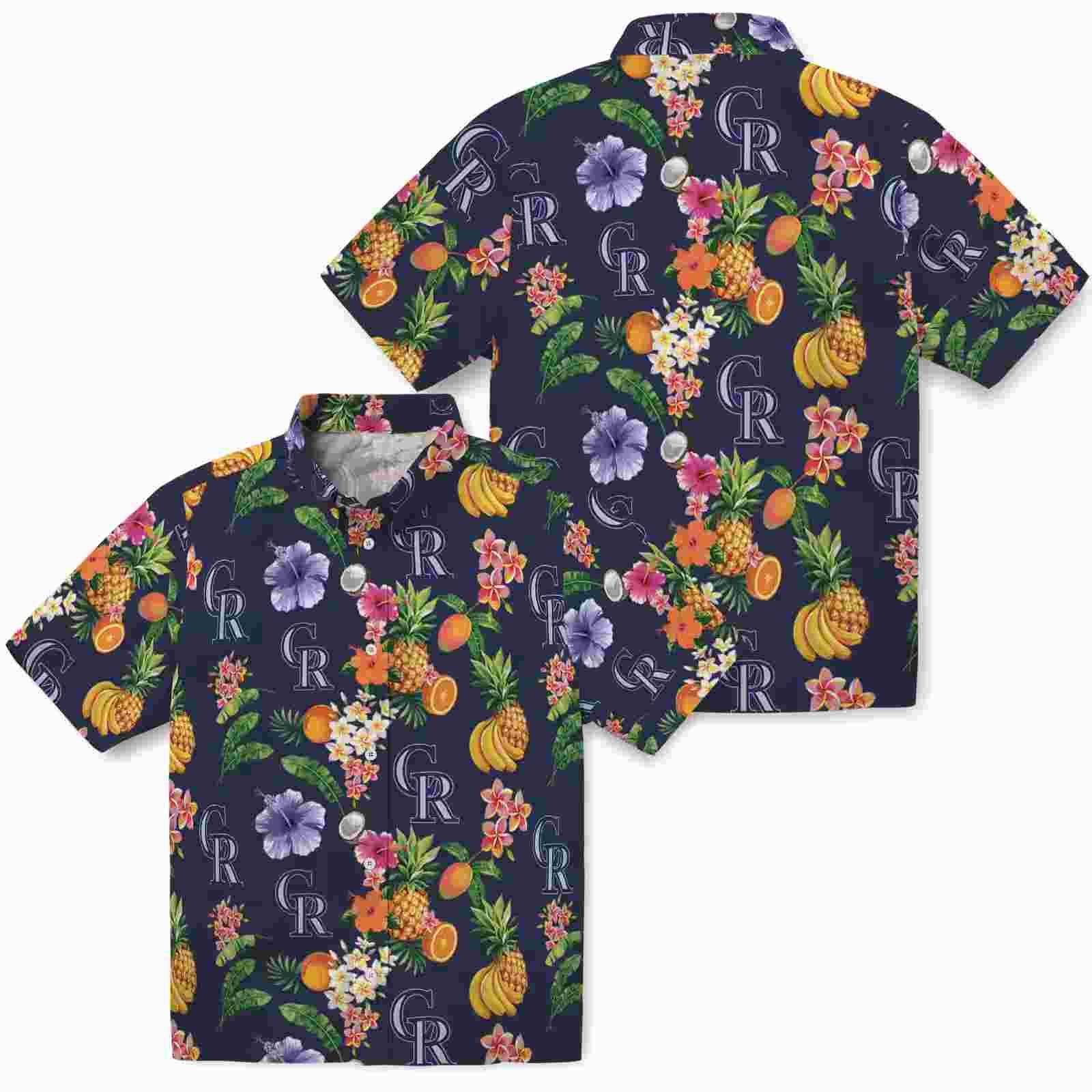 colorado rockies hibiscus and fruit navy blue hawaiian shirt high quality