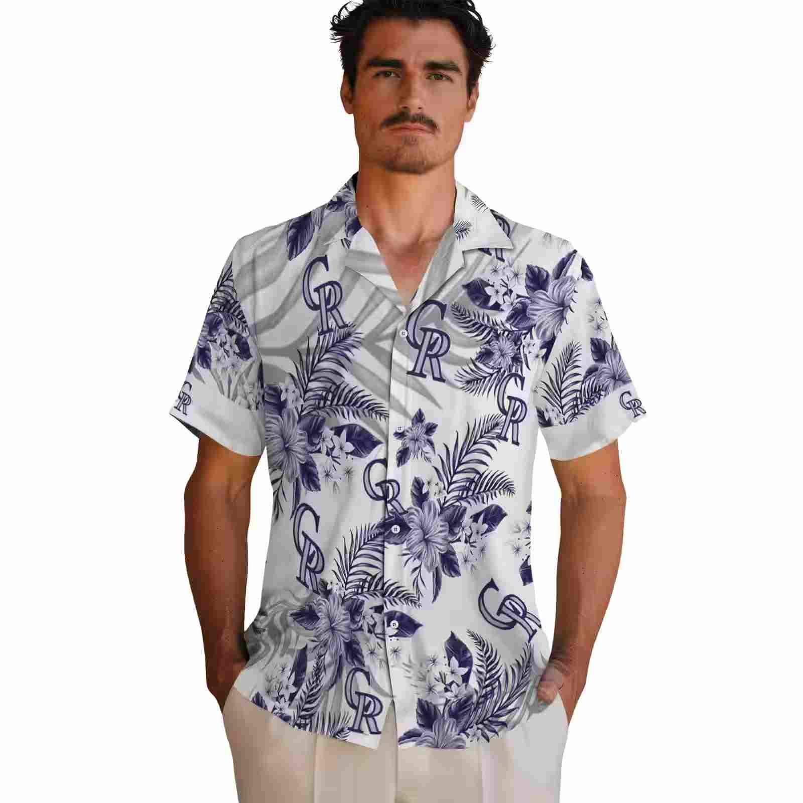 colorado rockies hibiscus palm leaves blue white hawaiian shirt fashion forward