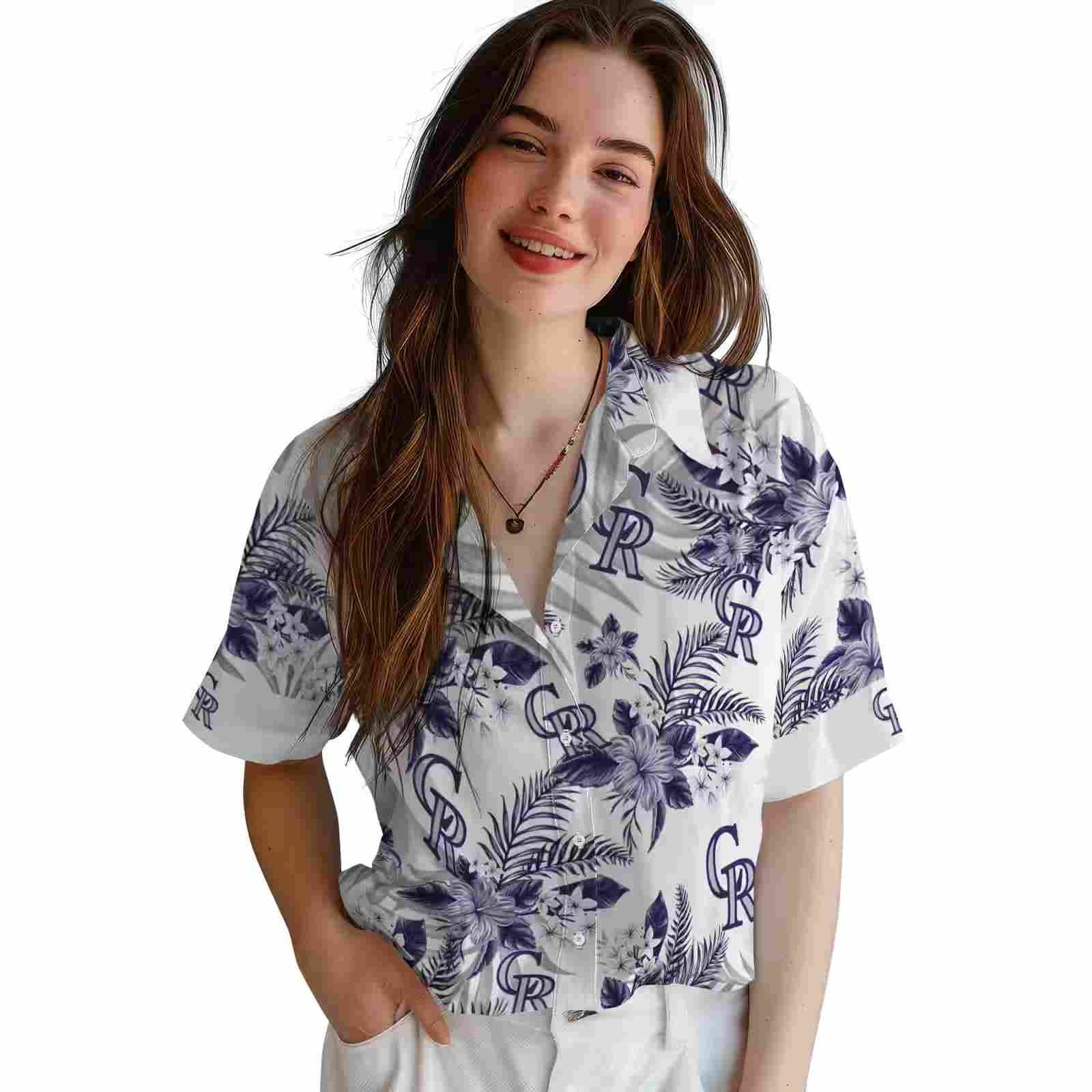 colorado rockies hibiscus palm leaves blue white hawaiian shirt latest model