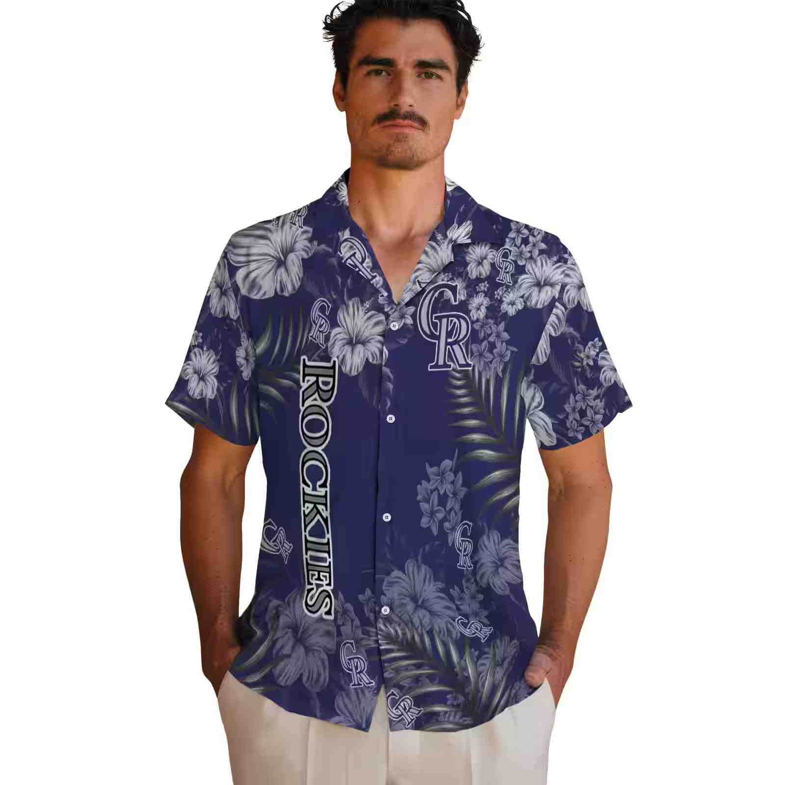 colorado rockies hibiscus print blue hawaiian shirt fashion forward