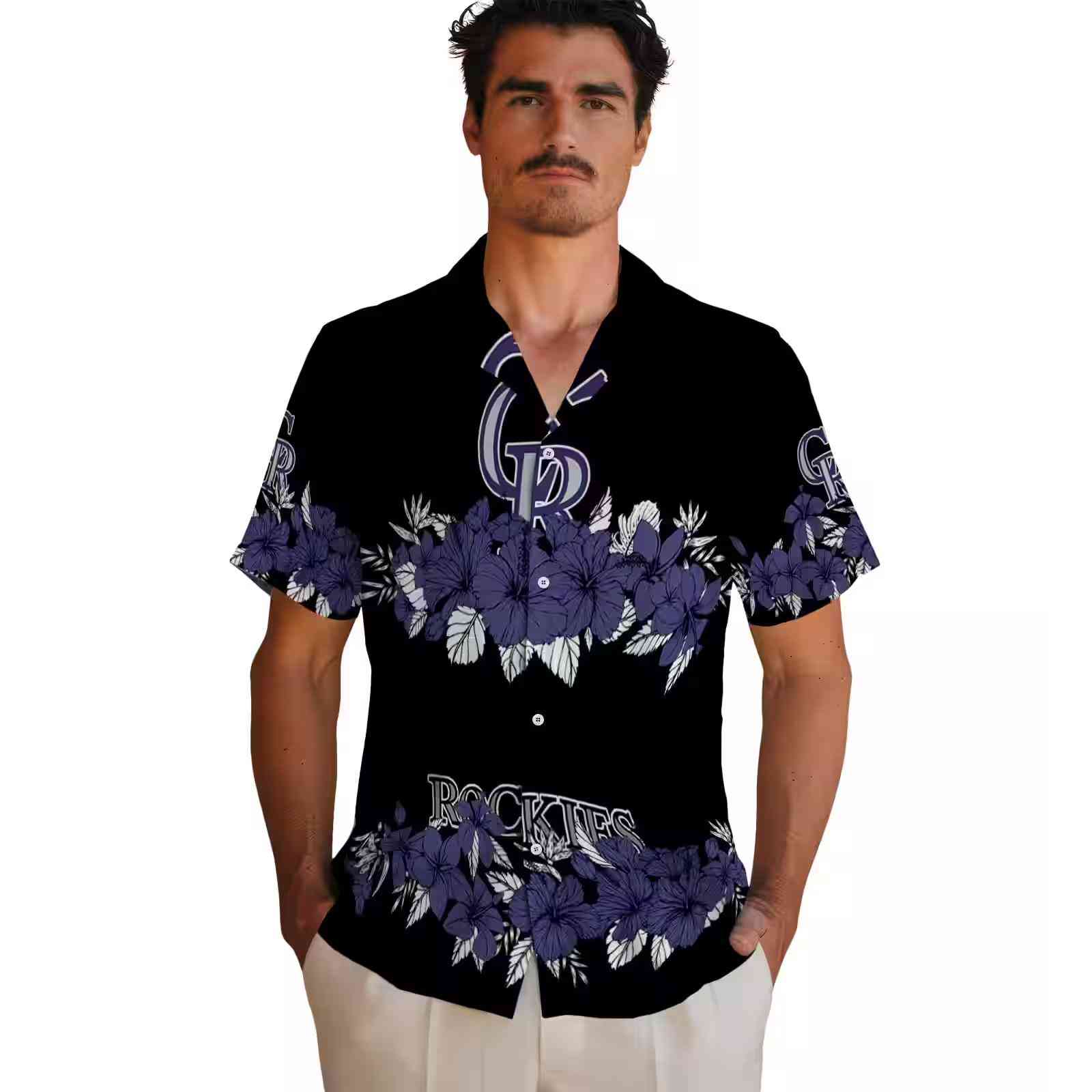 colorado rockies hibiscus stripe blue black hawaiian shirt fashion forward