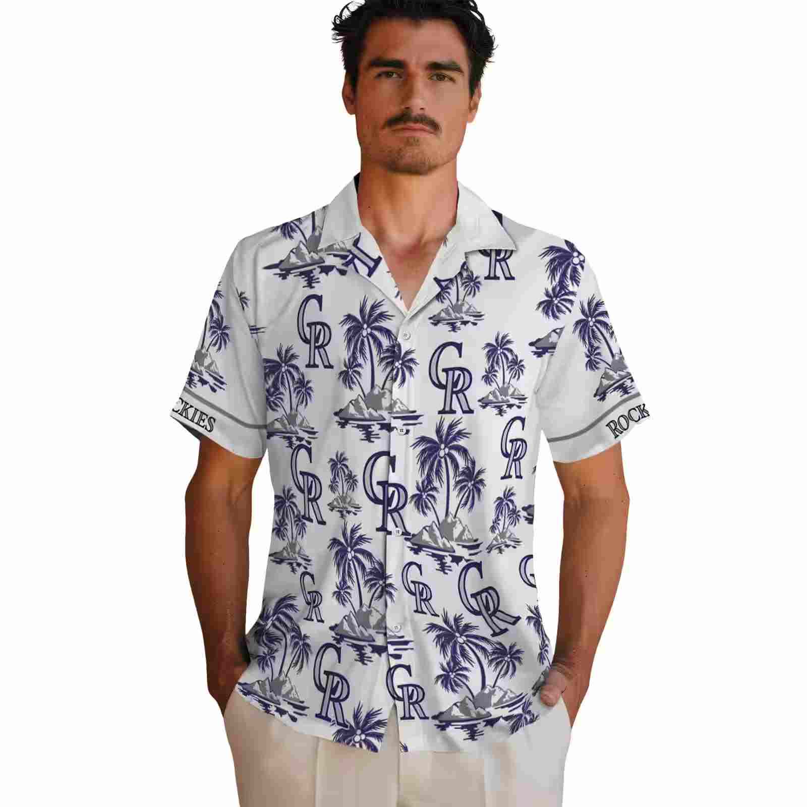 colorado rockies palm island print blue white hawaiian shirt fashion forward