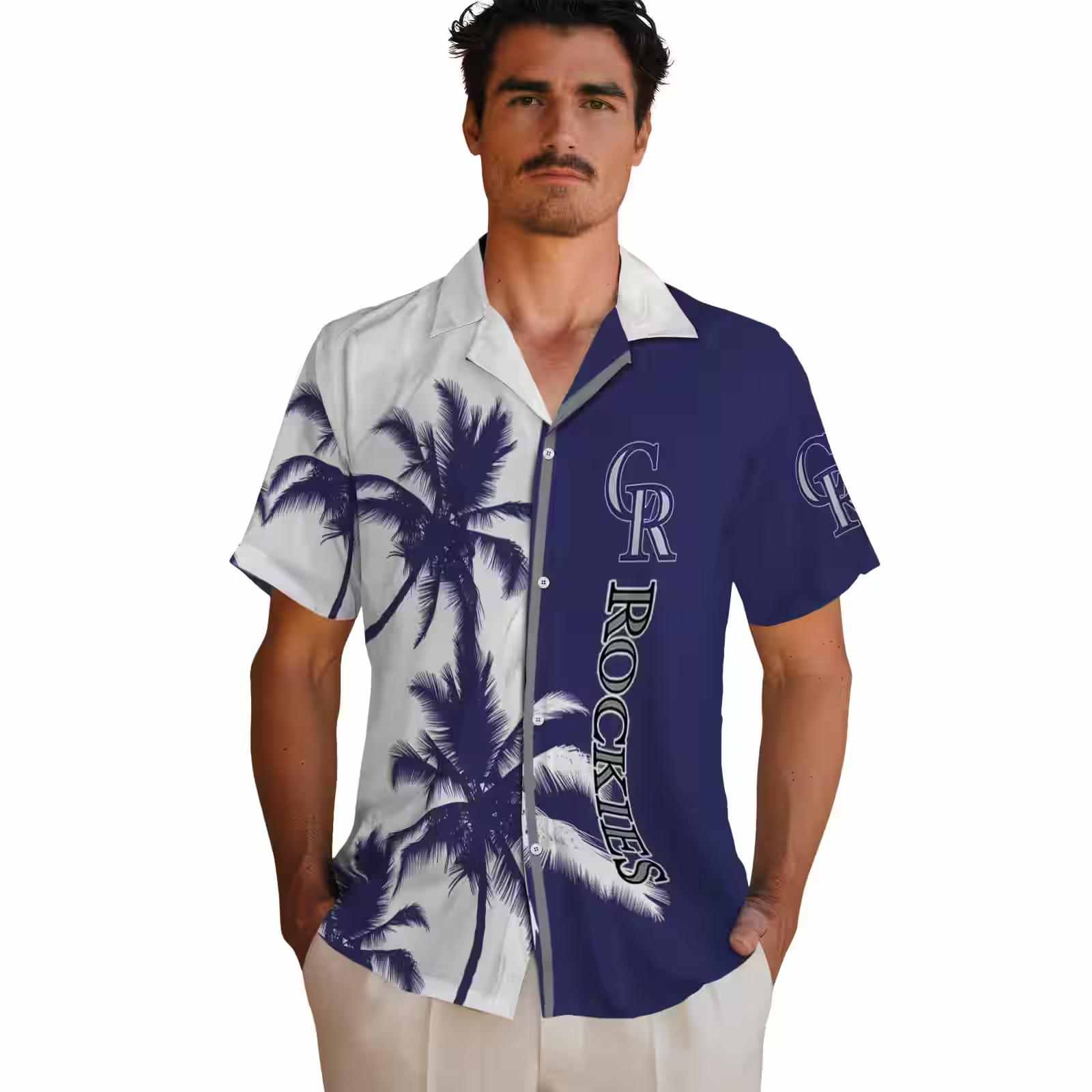 colorado rockies palm trees blue white hawaiian shirt fashion forward