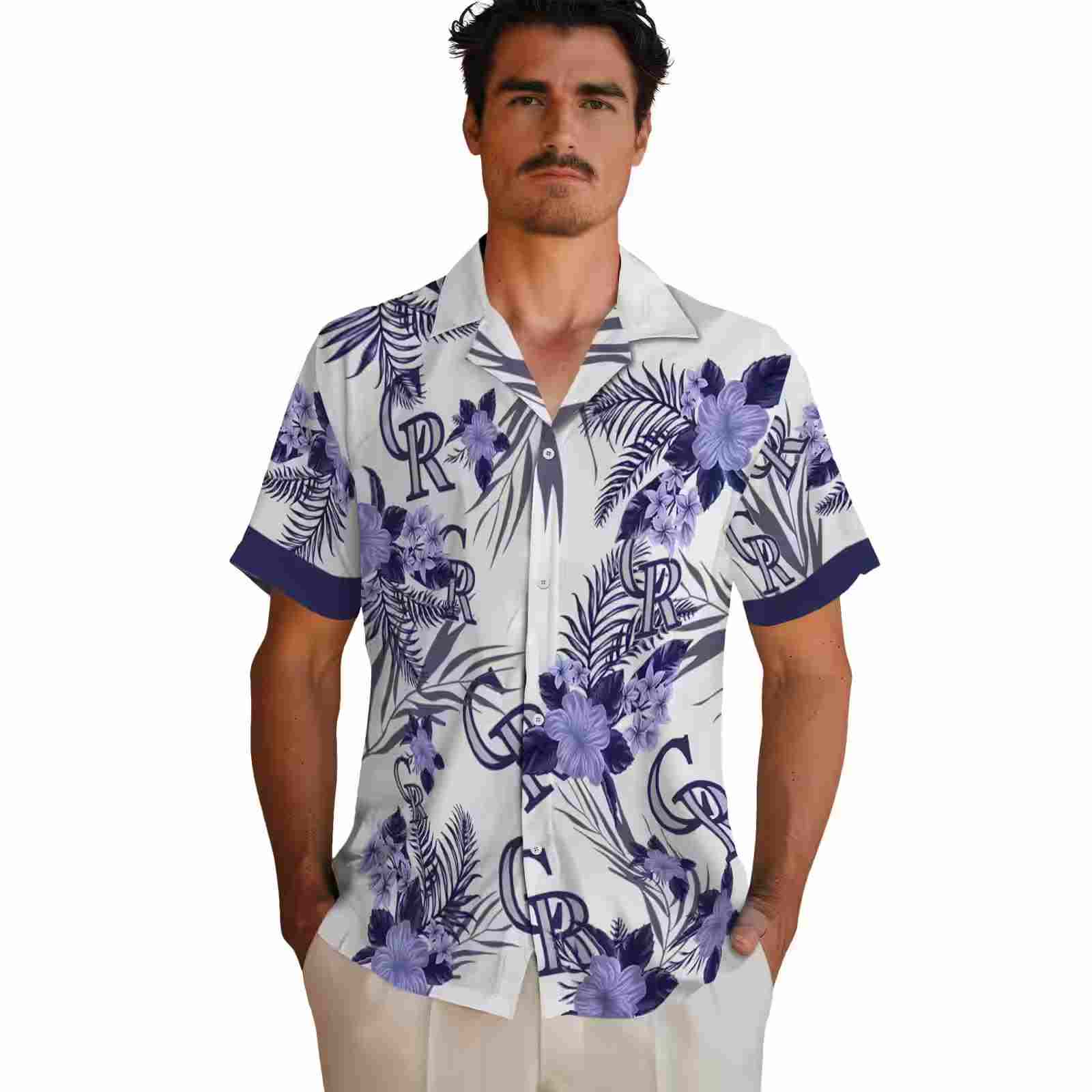 colorado rockies patriotic hibiscus design blue white hawaiian shirt fashion forward