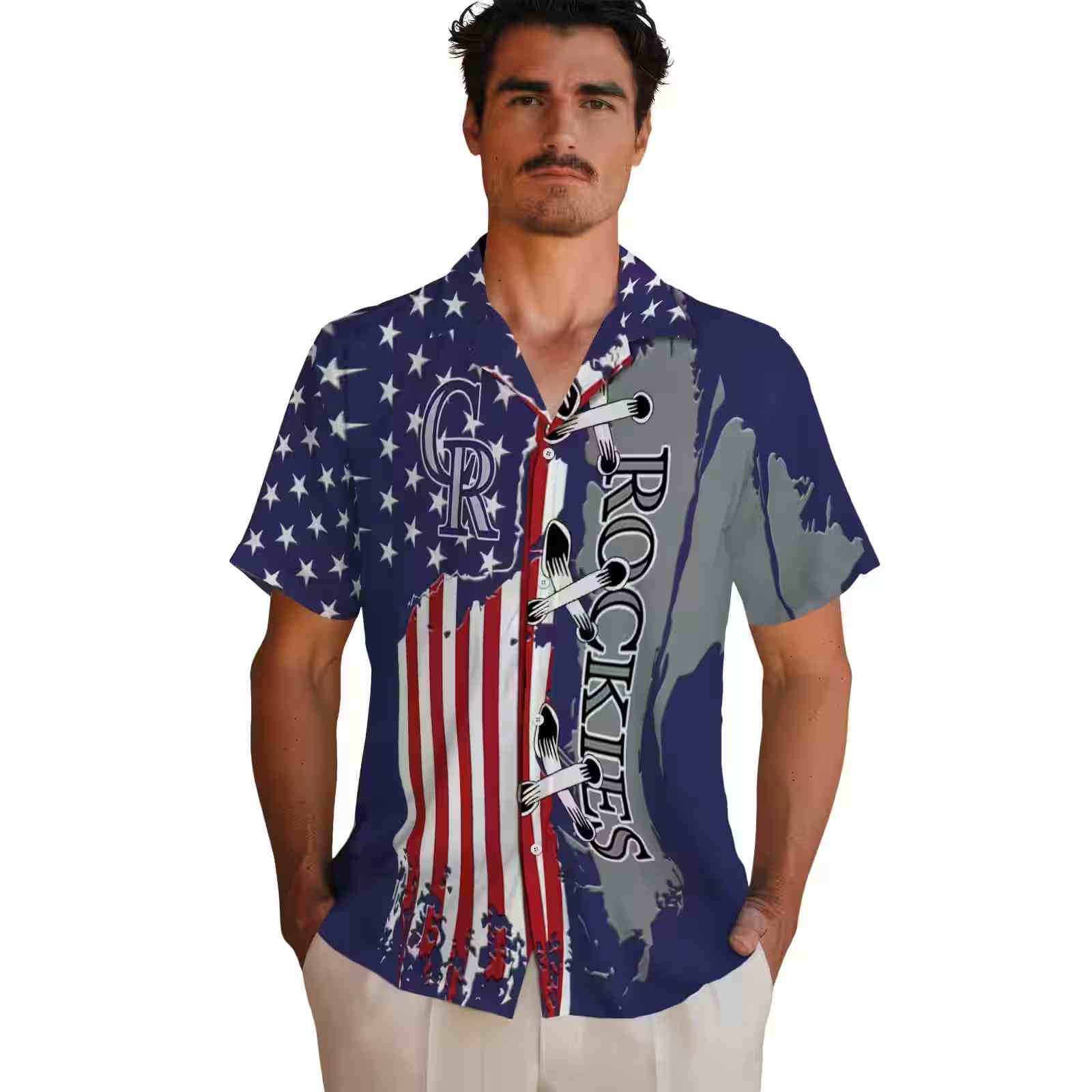 colorado rockies stitched flag blue hawaiian shirt fashion forward