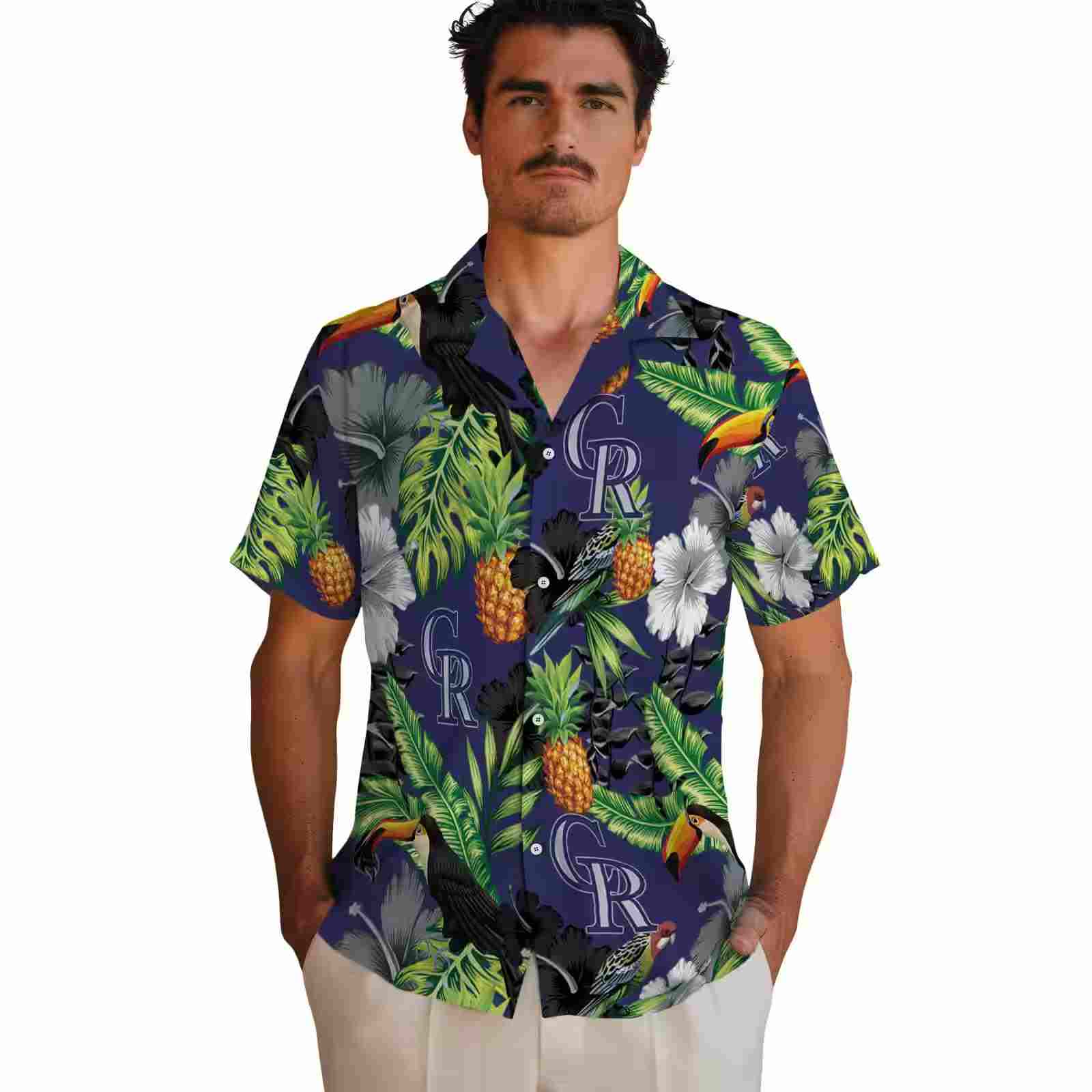 colorado rockies toucan hibiscus pineapple blue green hawaiian shirt fashion forward