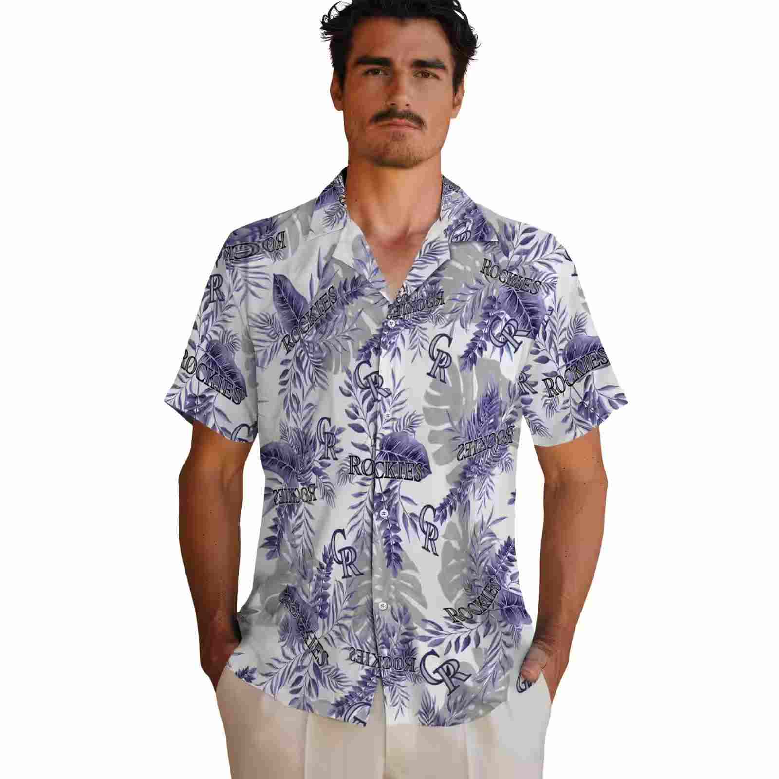 colorado rockies tropical leaves blue white hawaiian shirt fashion forward