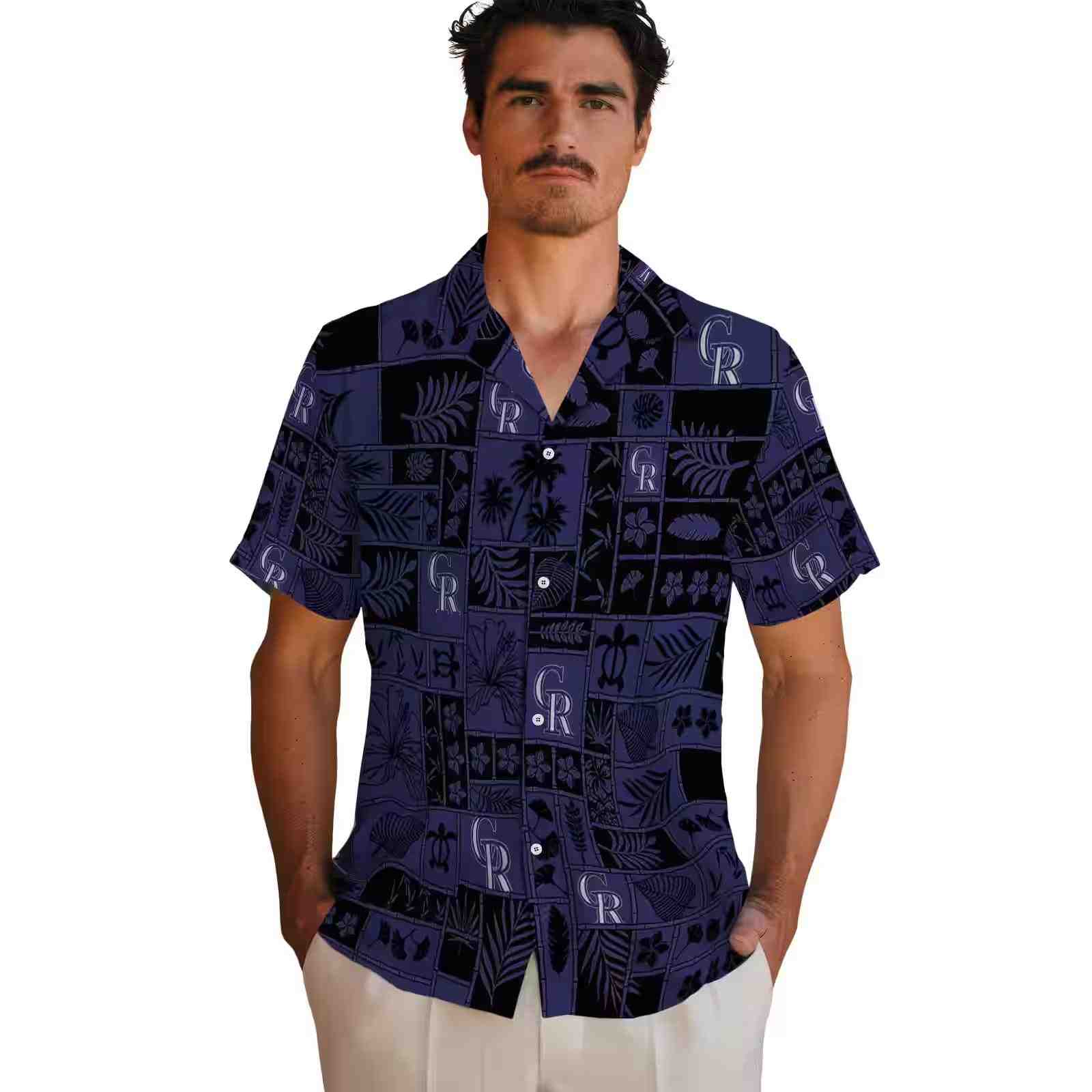 colorado rockies tropical patchwork blue black hawaiian shirt fashion forward