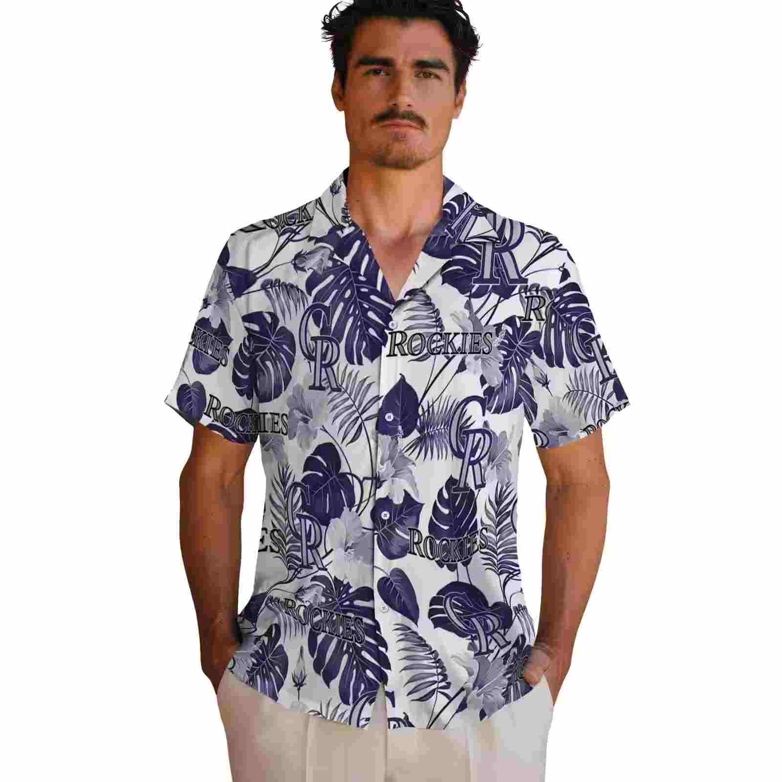 colorado rockies tropical plants blue white hawaiian shirt fashion forward