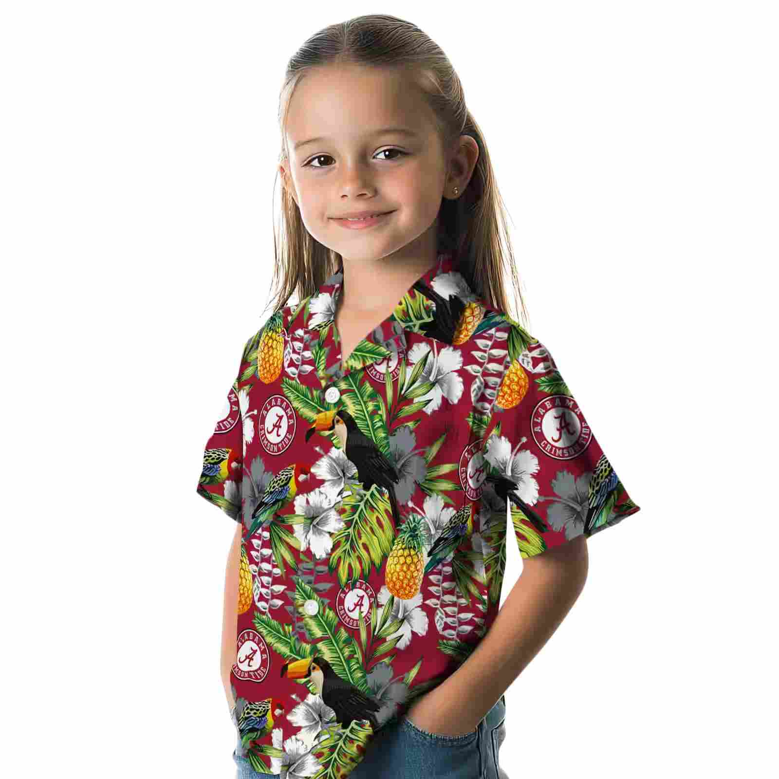 custom alabama crimson tide tropical toucan crimson green hawaiian shirt premium grade