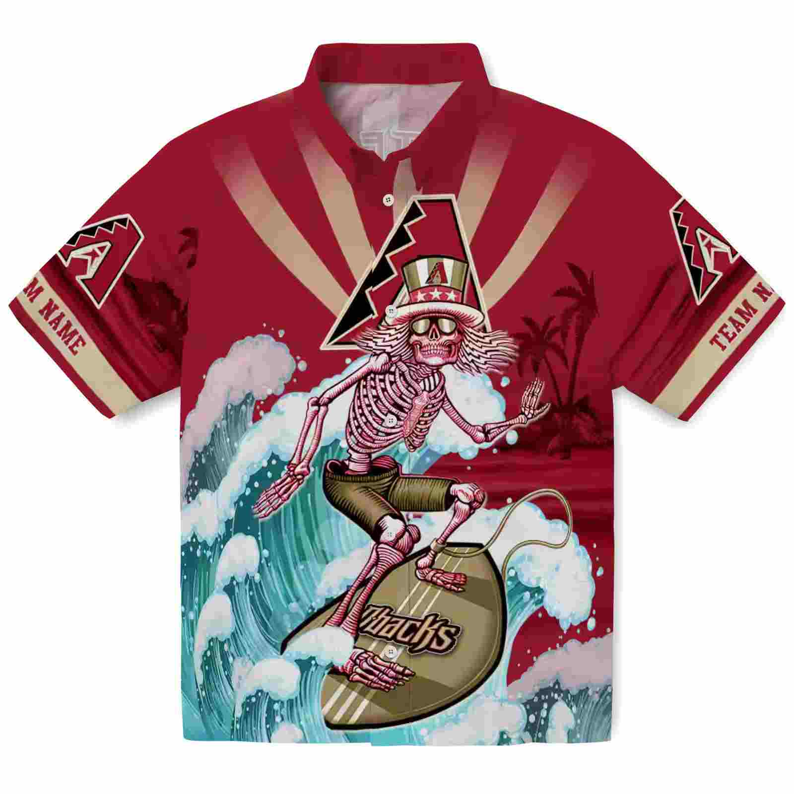 Custom Arizona Diamondbacks Surfing Skeleton Red Blue Hawaiian Shirt