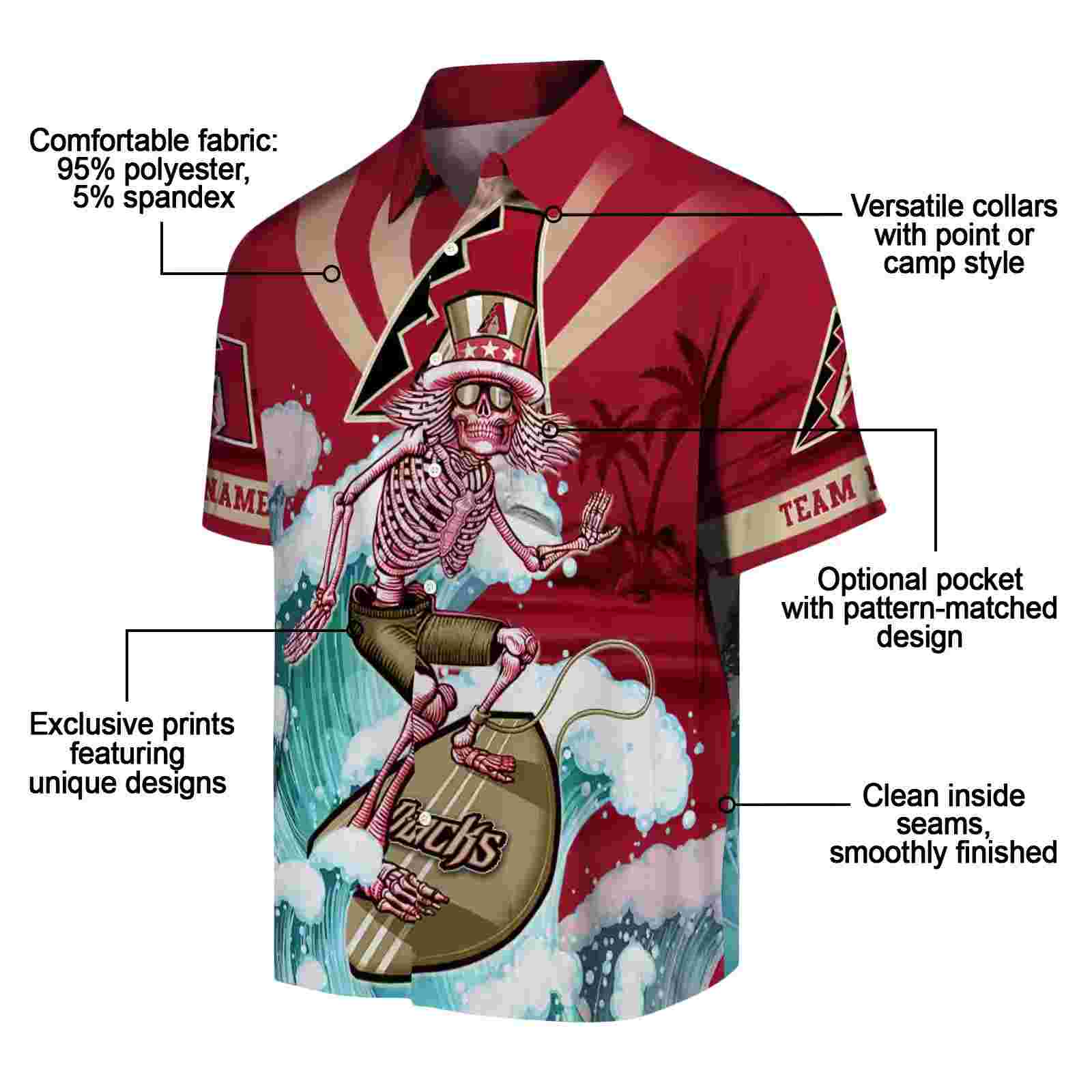 custom arizona diamondbacks surfing skeleton red blue hawaiian shirt new arrival