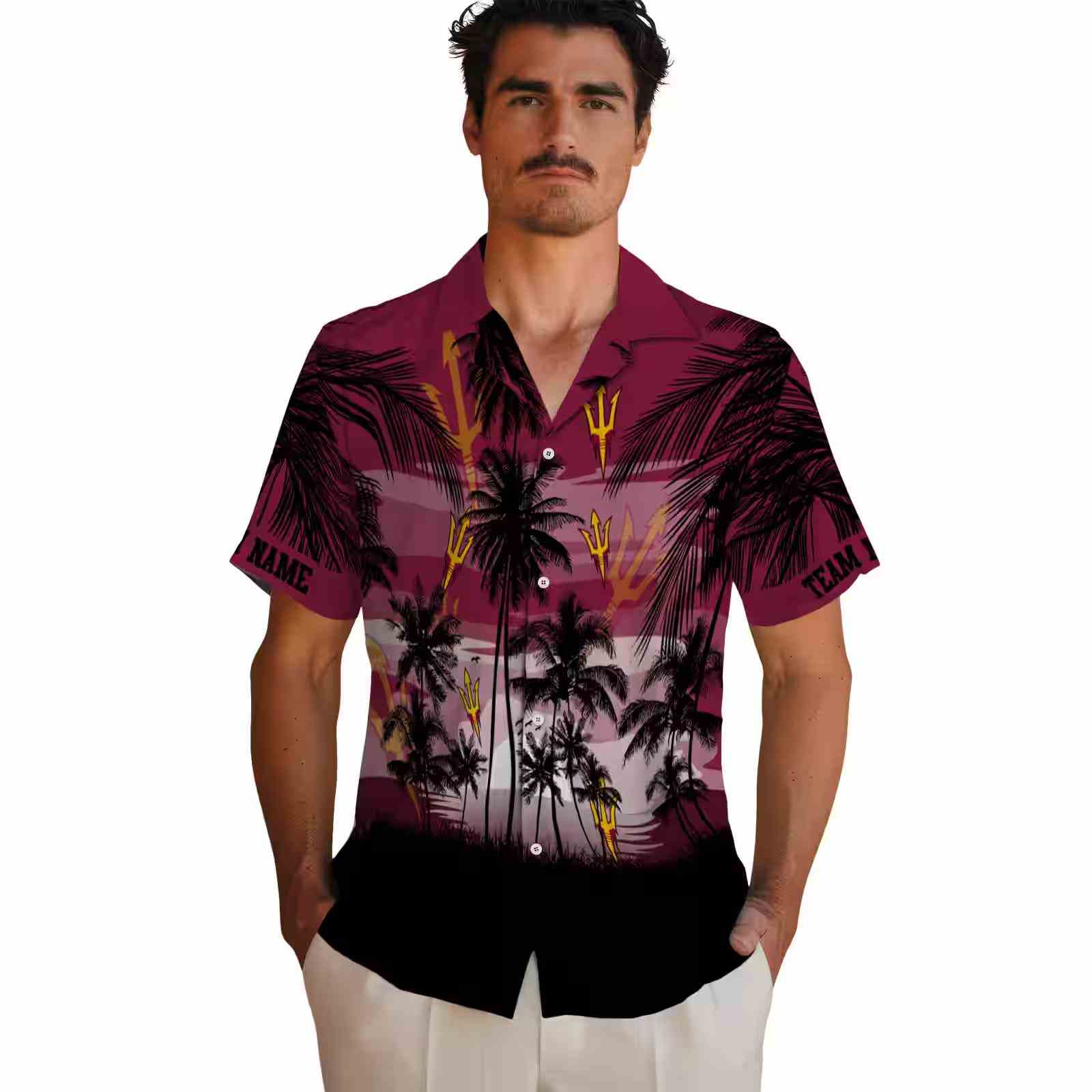 custom arizona state sun devils sunset scene maroon black hawaiian shirt fashion forward