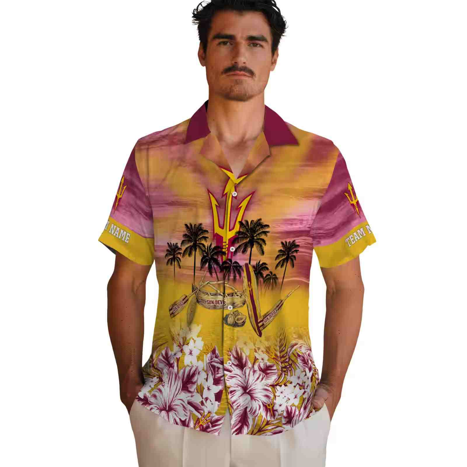 custom arizona state sun devils tropical canoe maroon hawaiian shirt fashion forward