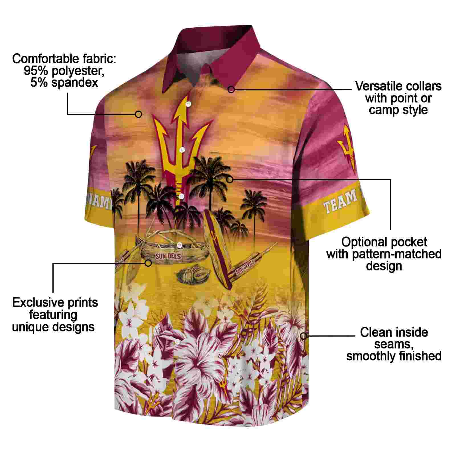 custom arizona state sun devils tropical canoe maroon hawaiian shirt new arrival