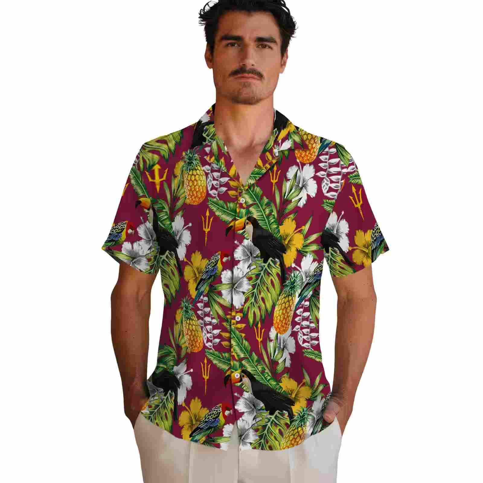 custom arizona state sun devils tropical toucan maroon green hawaiian shirt fashion forward